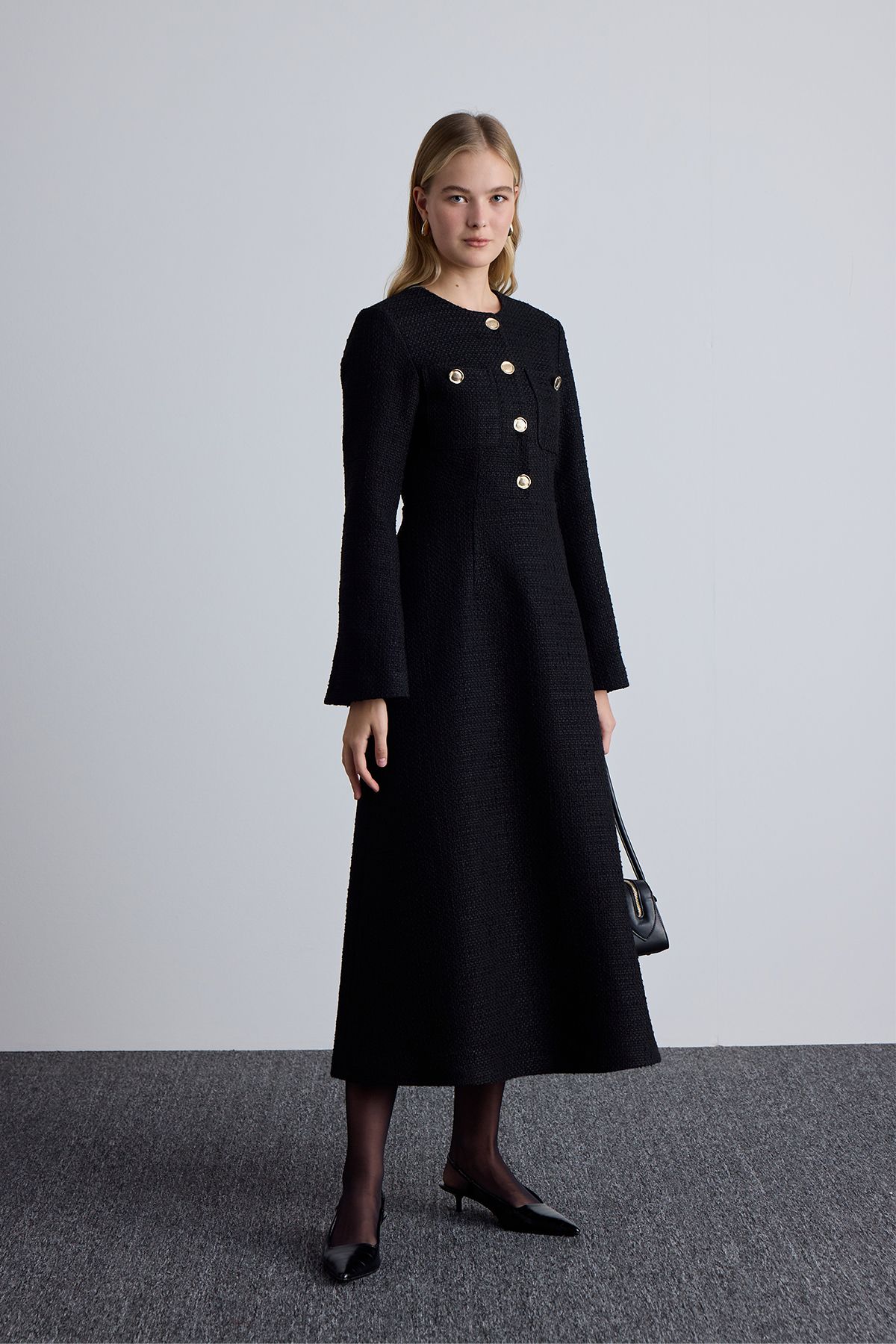 Manuka-Black Textured and Buttoned Dress 1