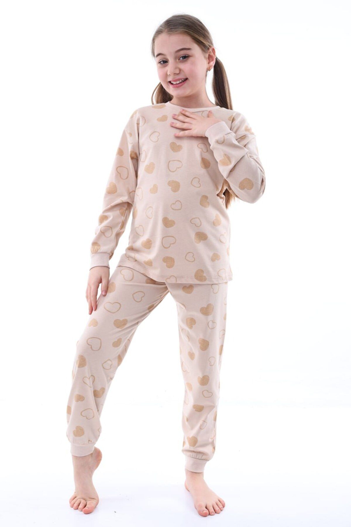 bunny hopp-Heart Patterned 100% Cotton Long Sleeve Girl's Pajama Set - Age 3-8 1