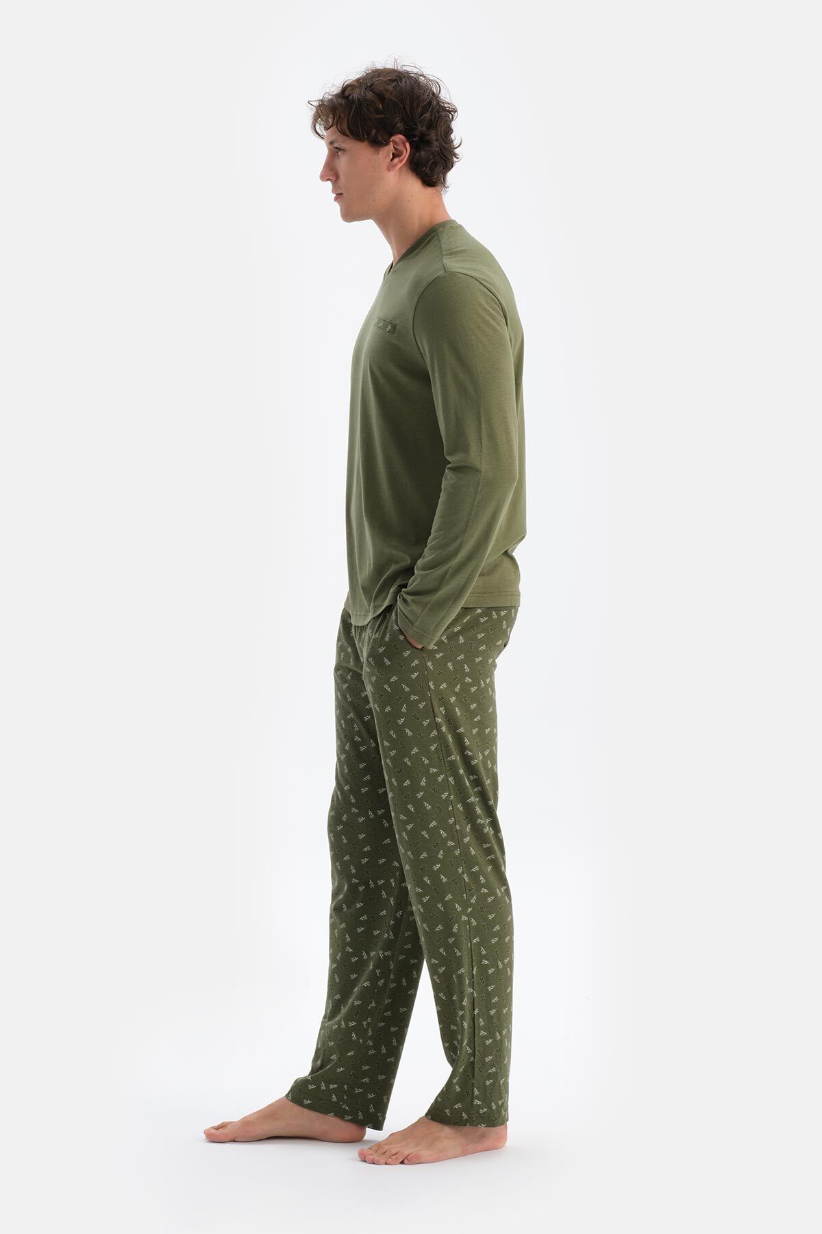 ست پیژامه مردانه خاکی V YAKA شلوار لباس خواب MODAL T SHIRT PANTS Dagi