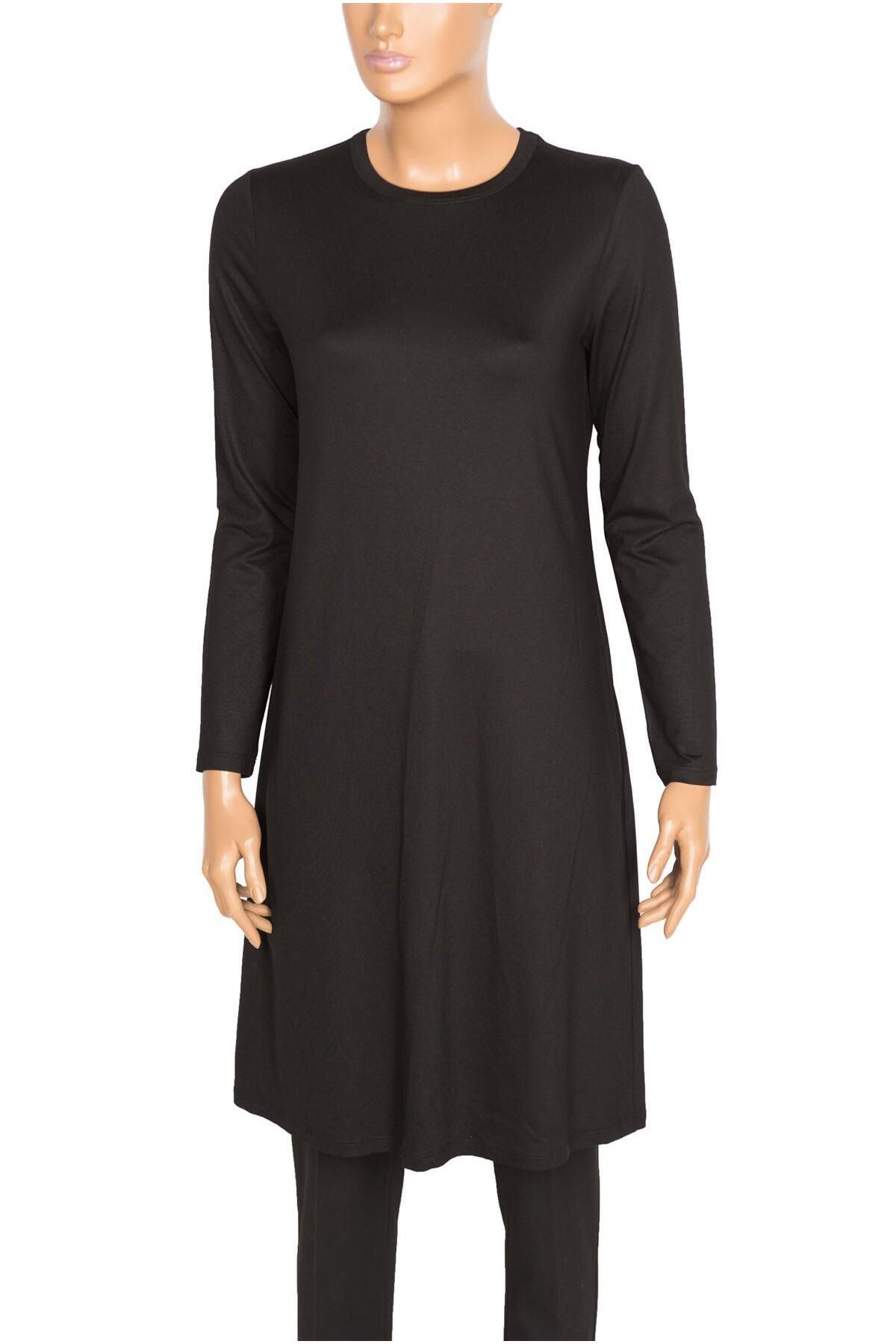 Defrina-Women's Basic Combed Cotton O-Neck Black Tunic 1