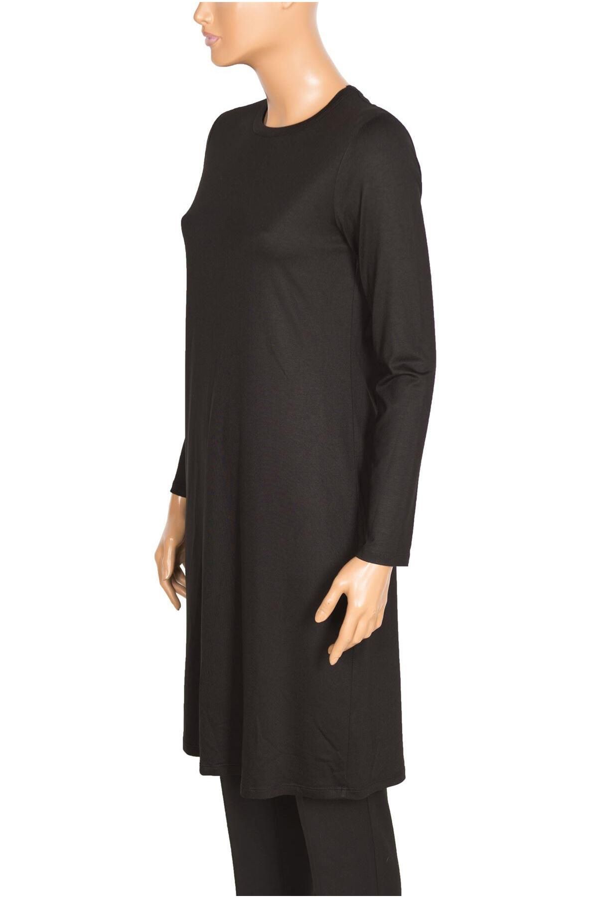 Defrina-Women's Basic Combed Cotton O-Neck Black Tunic 2