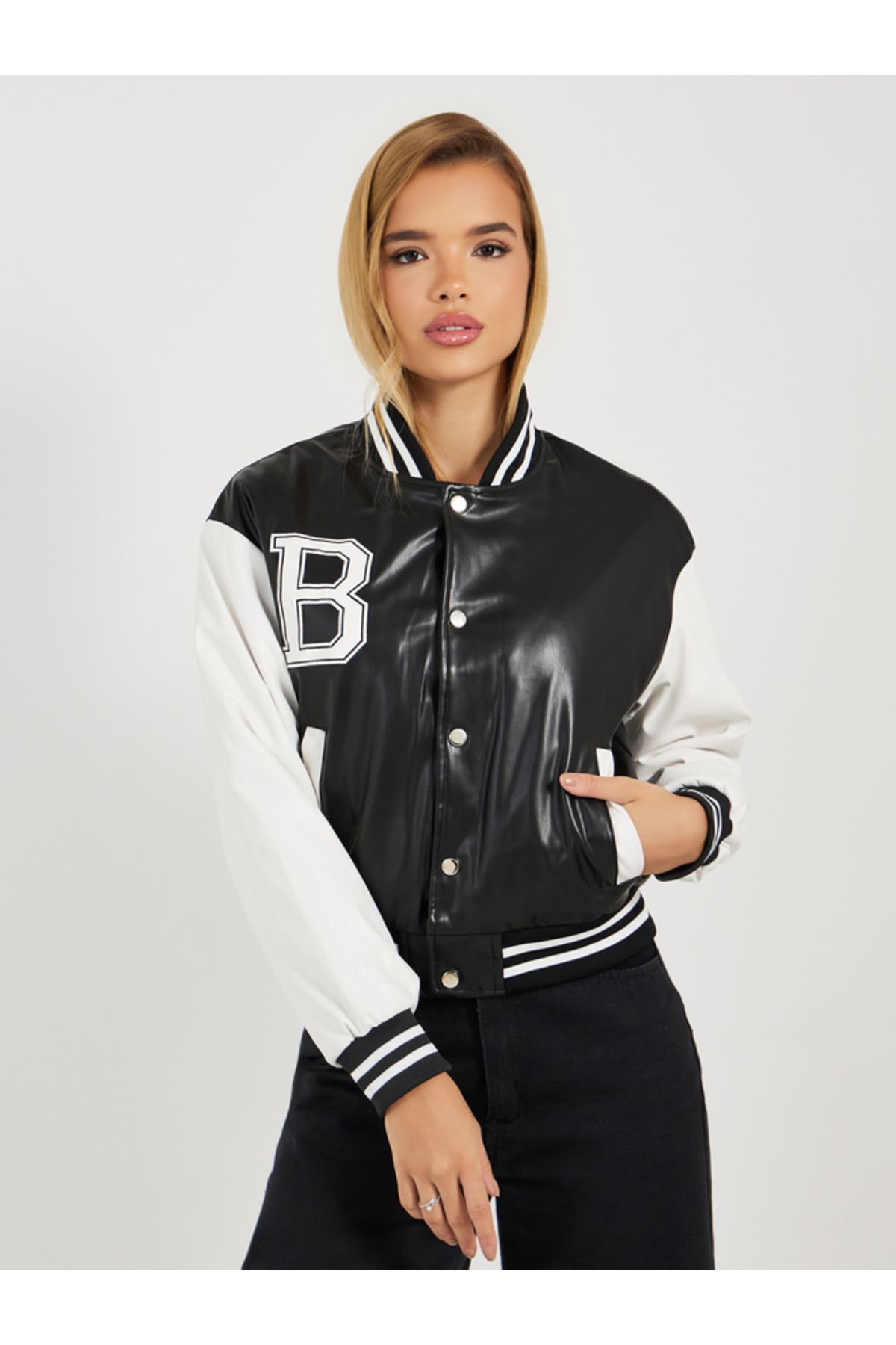 Styli-Regular Fit Leather Look Varsity Bomber Jacket 3