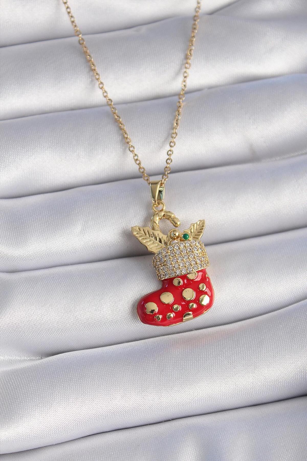 AfraBeauty 316L Çelik Gold Zincir Zirkon Taşlı Yılbaşı Temalı Kırmızı Noel Çorabı Figür Kadın Kolye