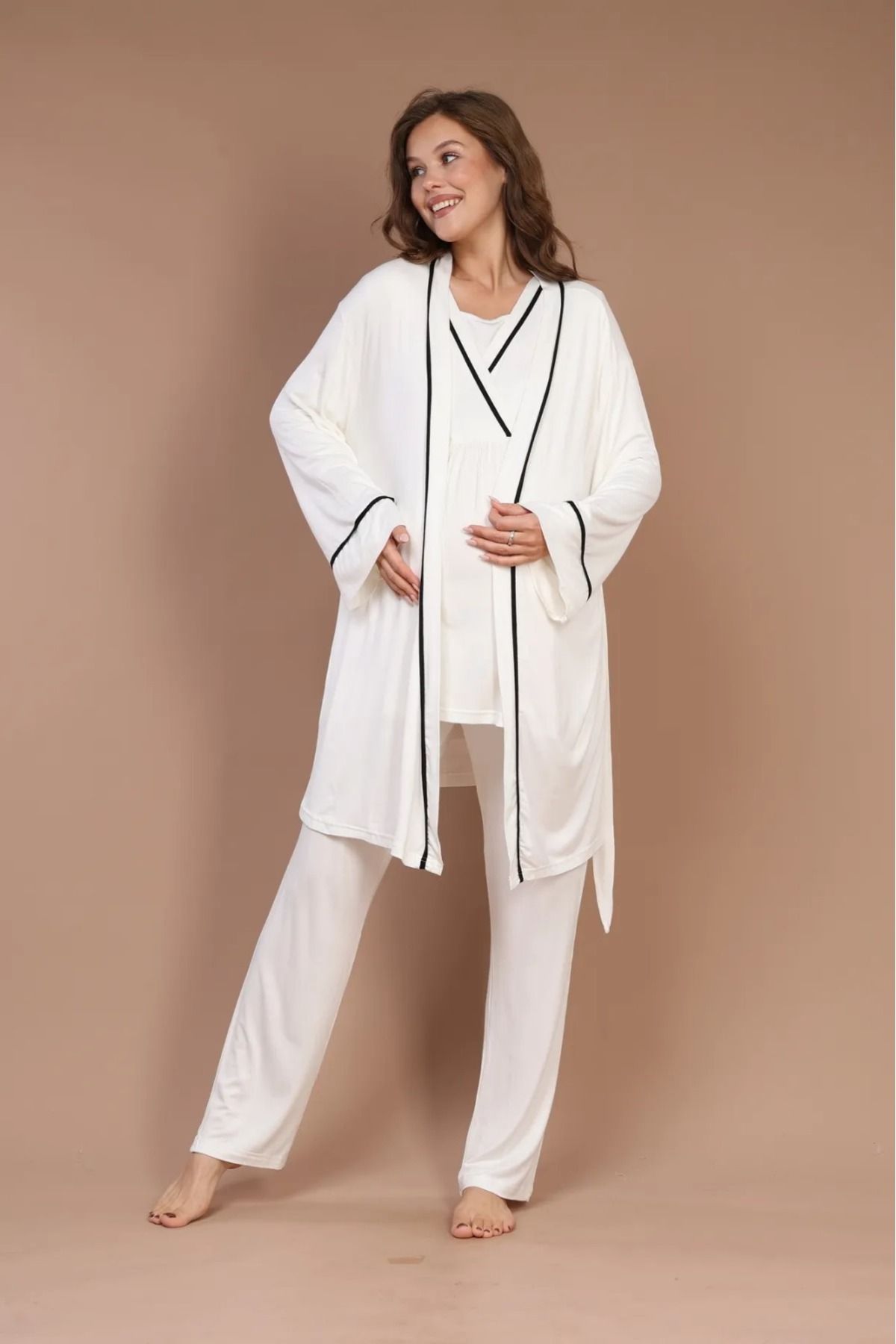 Reyhanlar-Ecru Color 3-Piece Maternity Pajamas Set with Long Sleeves and Dressing Gowns 8