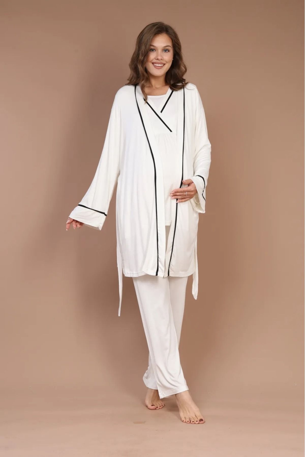 Reyhanlar-Ecru Color 3-Piece Maternity Pajamas Set with Long Sleeves and Dressing Gowns 3