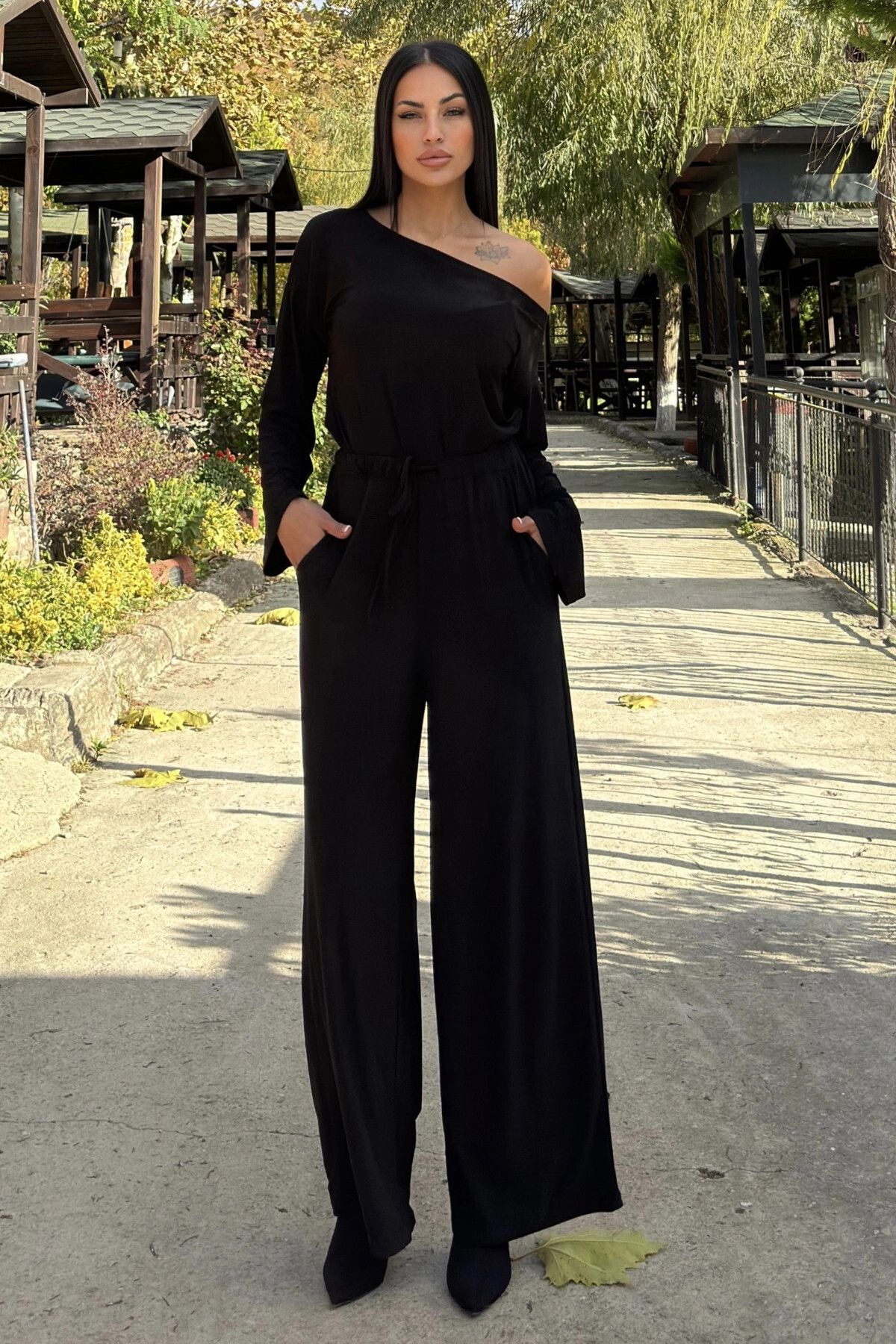 NEW LAVİVA-Black Lace Detailed Wide-Leg Pants & Wide-Neck Loose Blouse - Sandy Fabric Set 3