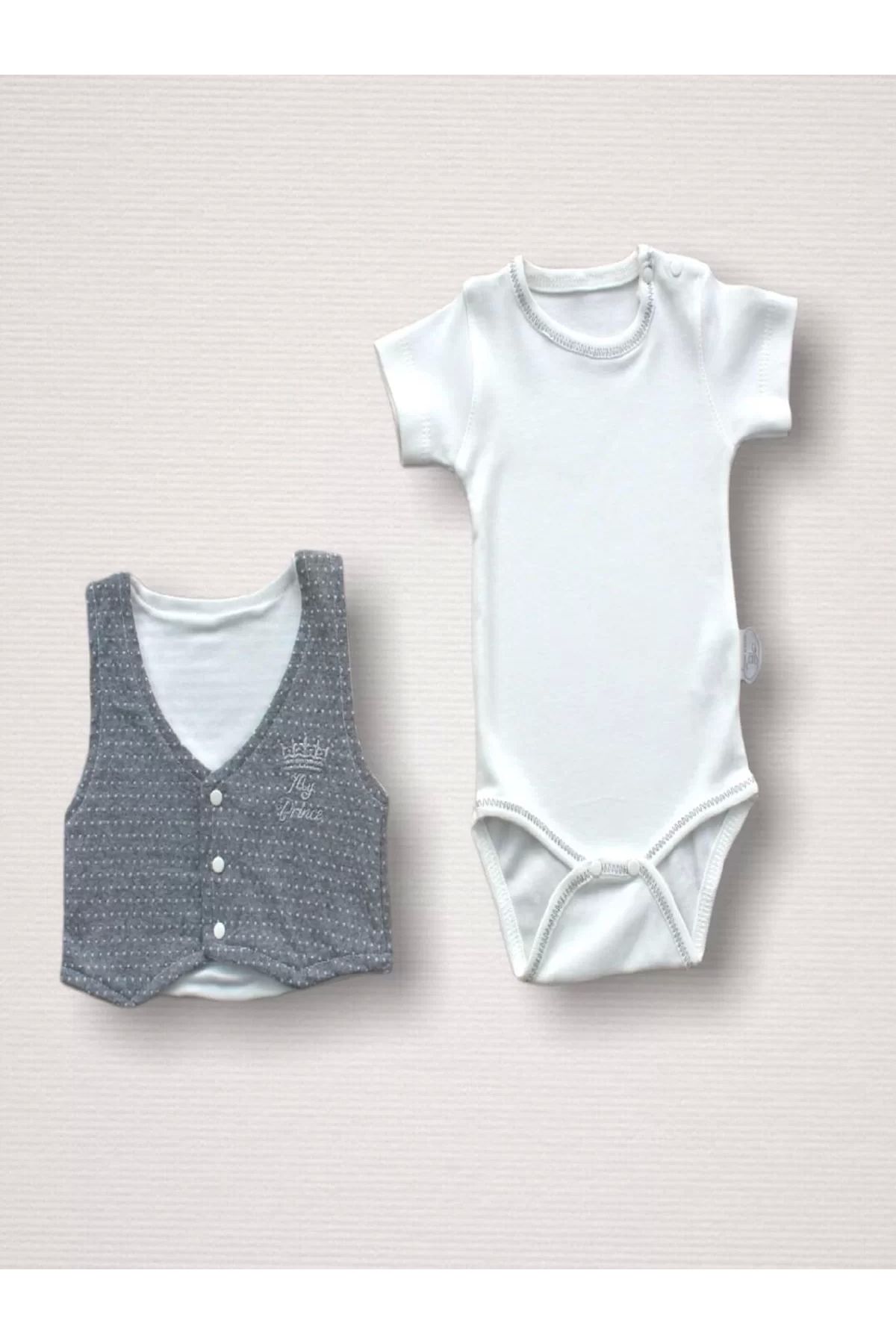 Eng-Antibacterial Super Prince Embroidered 10-Piece Bodysuit Set - 100% Cotton, Gray Hospital Exit 4