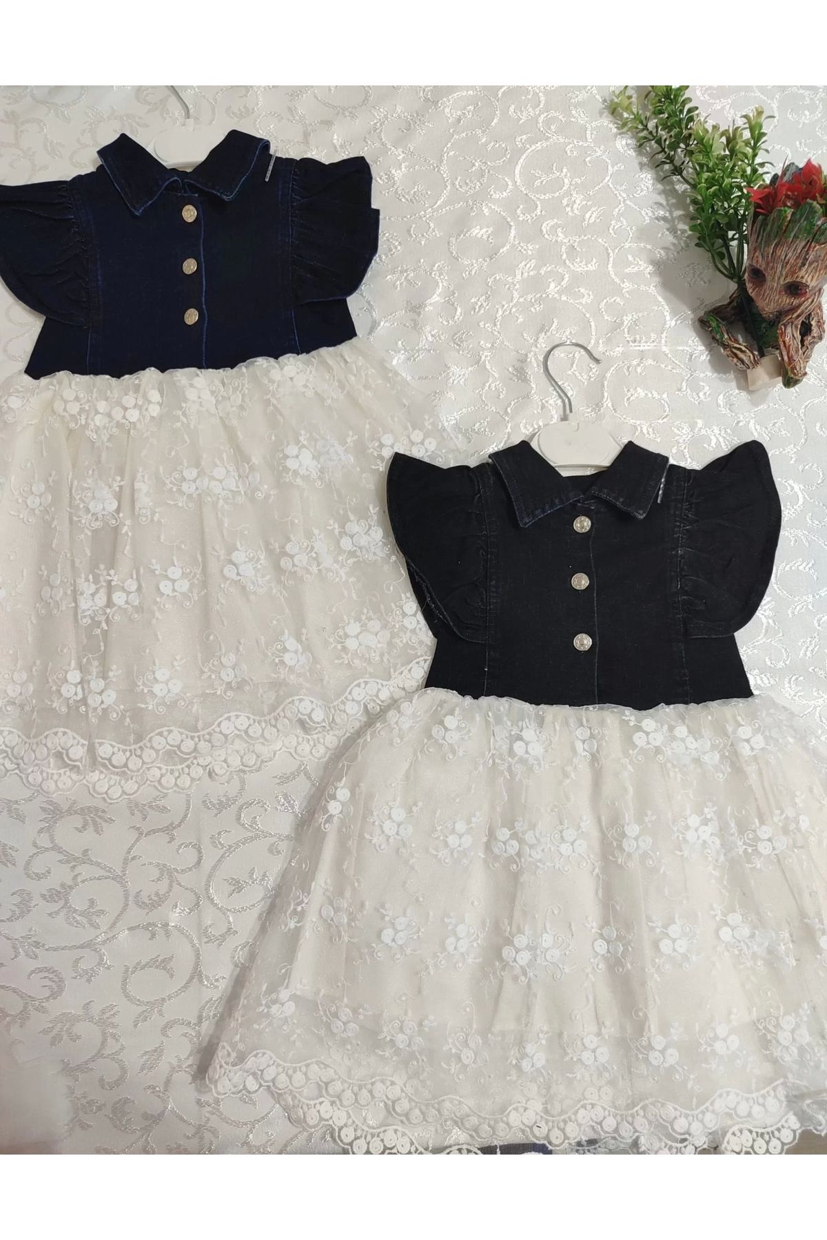 Eng-Lined Embroidery Skirted Denim Fabric Buttoned Girl's Dress Navy Blue 1