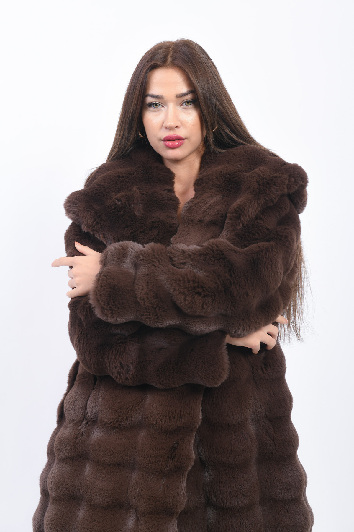 FUREVER FASHION Kapüşonlu Çizgili Rex Suni Kürk Manto görsel 2