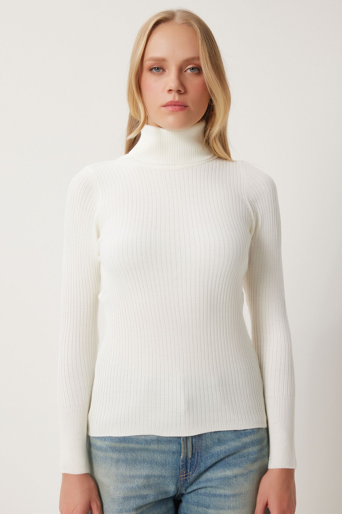 Happiness İstanbul-Pulover alb din Lycra cu nervuri cu talie mare pentru femei DD01007 3