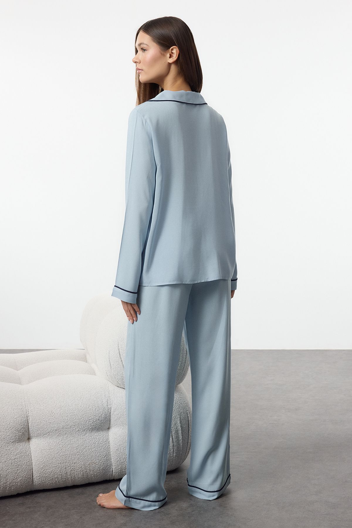 Trendyol Collection-Комплект светлосиня вискозна тъкана пижама със сърце Thmaw25Pt00179 5
