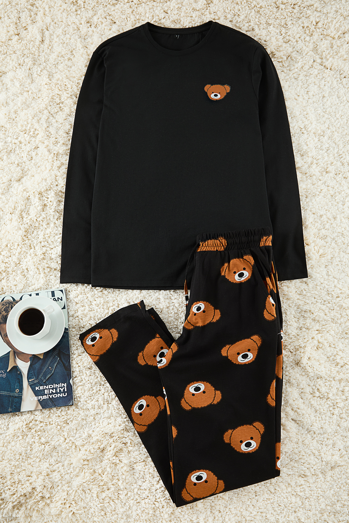 Trendyolmilla Man Siyah Regular Fit Ayıcık Baskılı Örme Pijama Takımı TMNAW25PT00054
