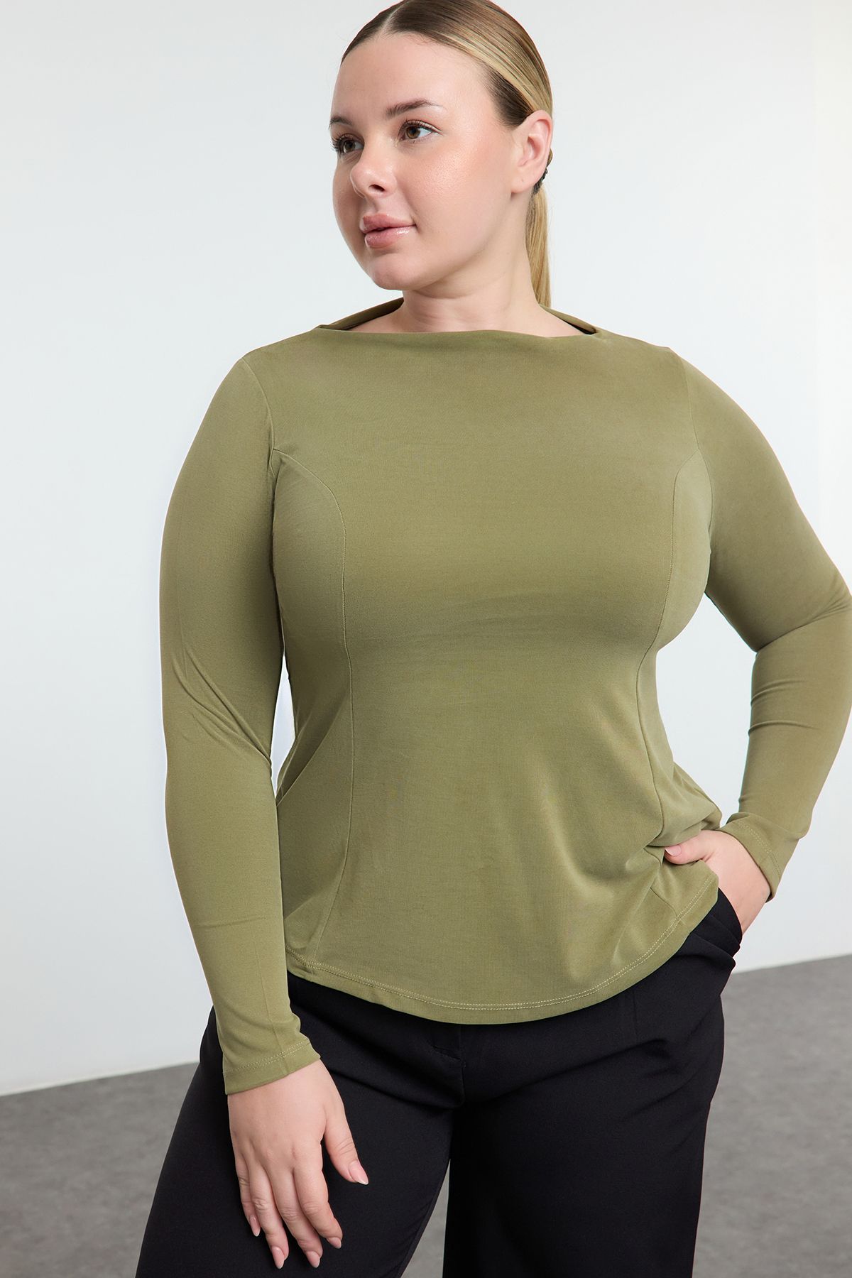 Trendyol Curve-Green Ribbed Stand Collar Blouse - Regular Fit Tbbaw25Af00043 2