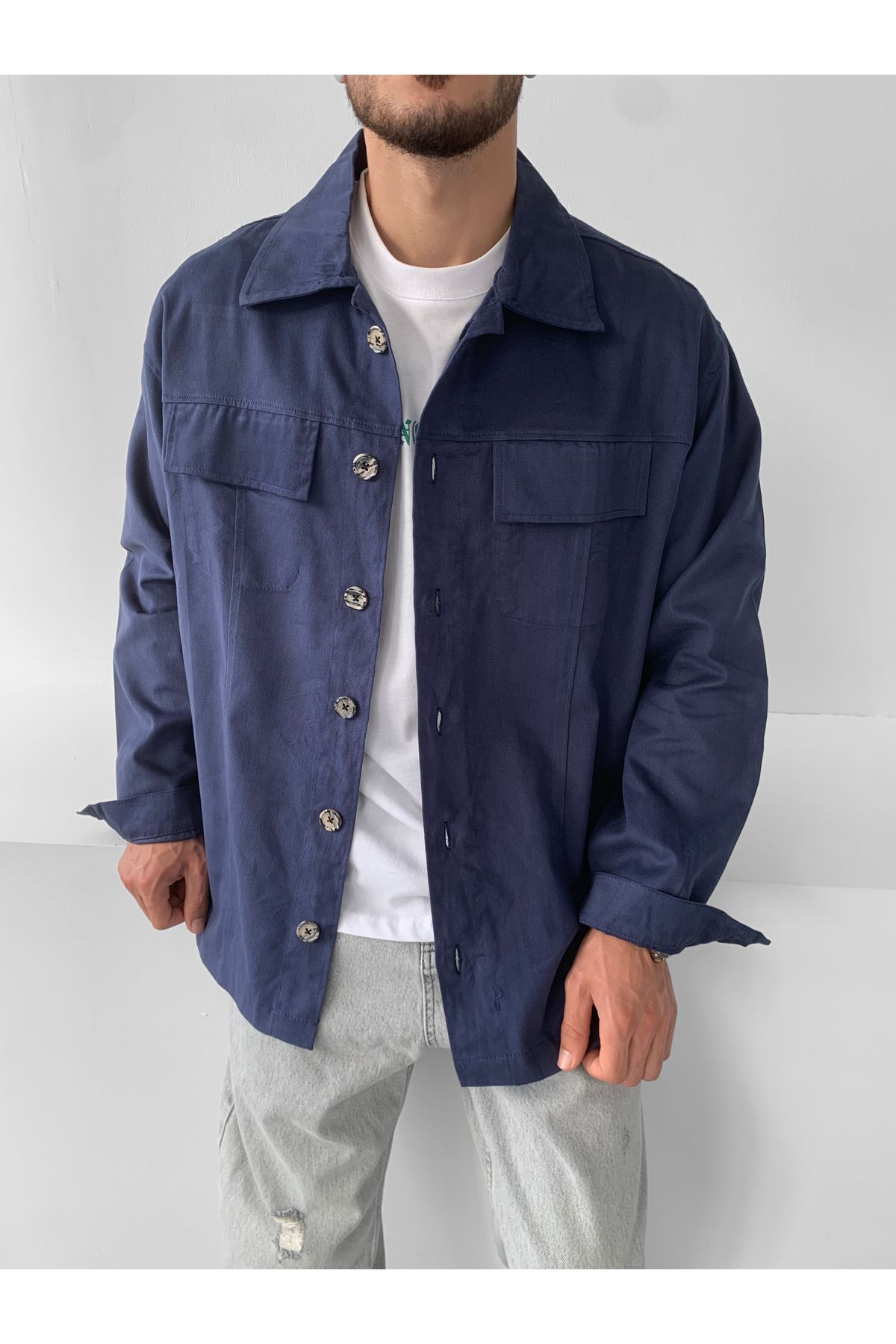 NO1 KONSEPT-Navy Blue Buttoned Double Pocket Gabardine Jacket 1