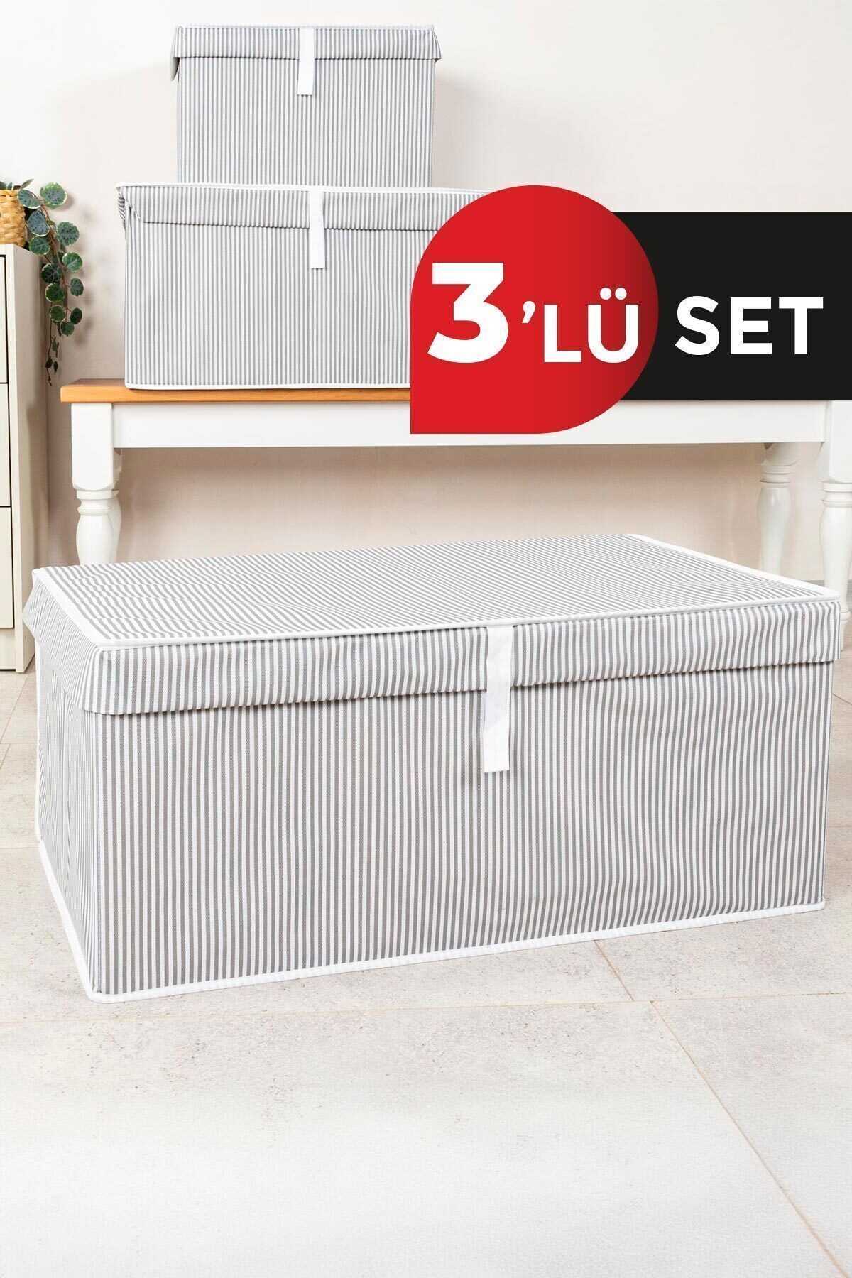 AboutThePerfect Yıkanabilir Çok Amaçlı 3'lü Kutu Seti, 70x40x30 cm, Gri Tela