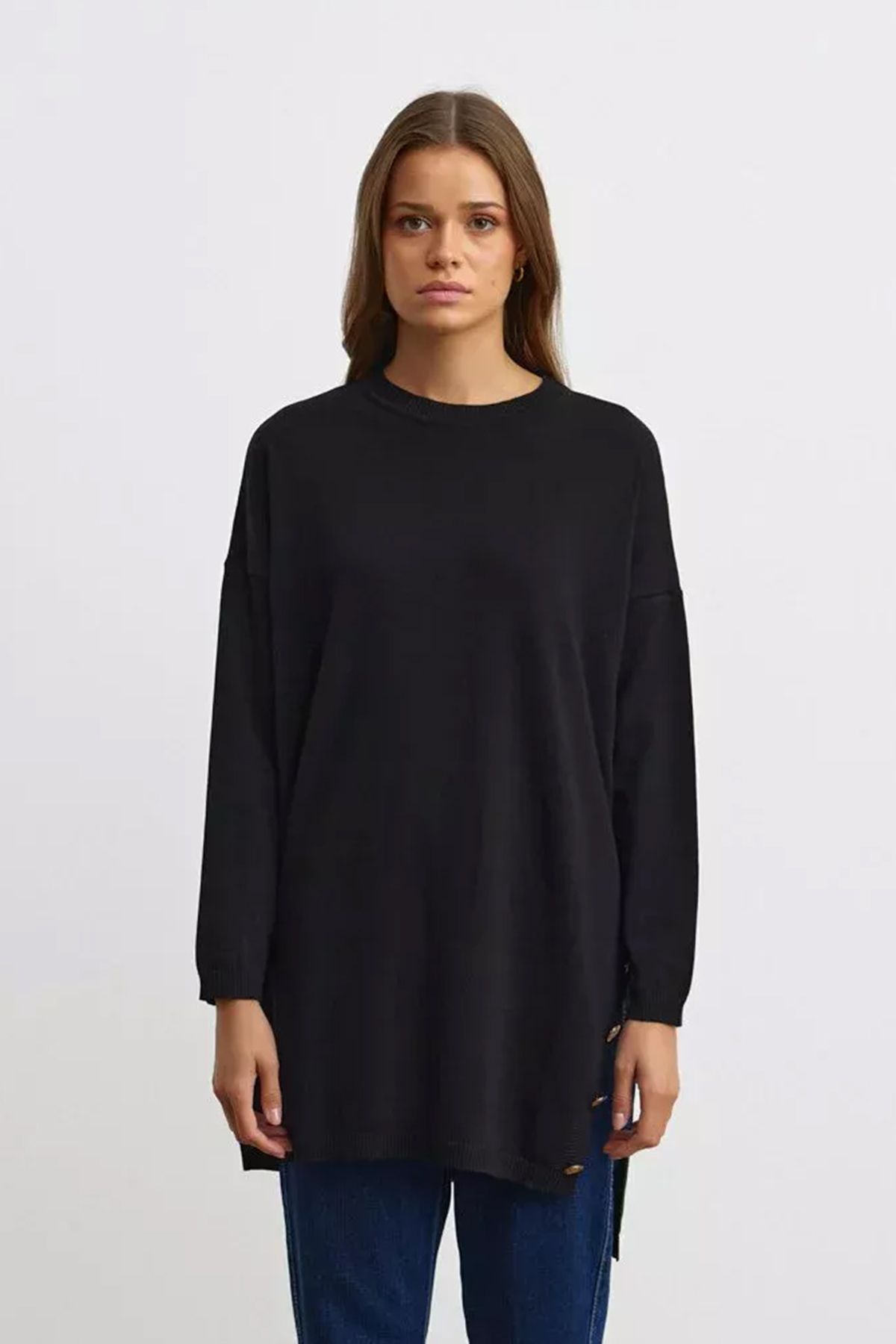 REMSA-Merwish Black Cotton Knitwear Tunic - Side Blood and Button Detail 1101 2