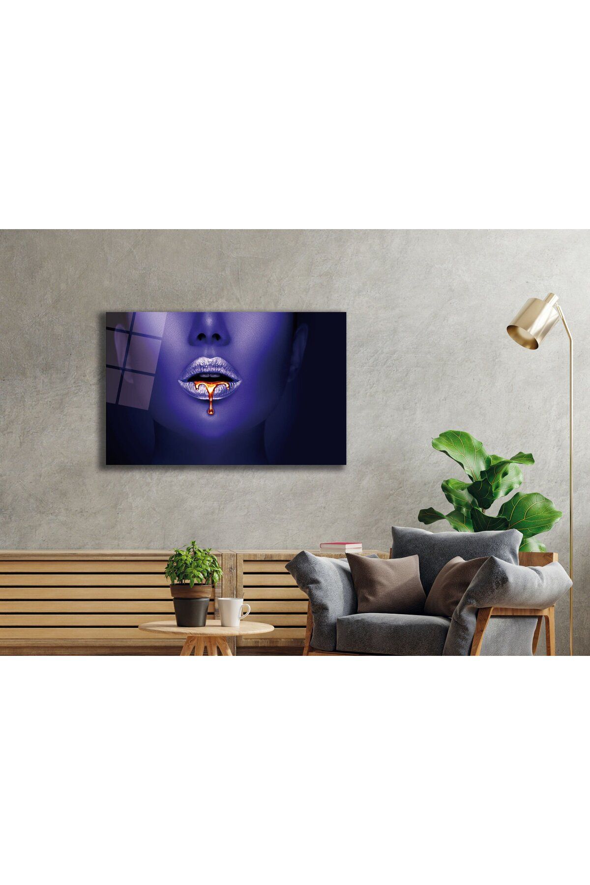 ArtNoia Mor Boyalı Kadın Dudağı Soyut Cam Tablo