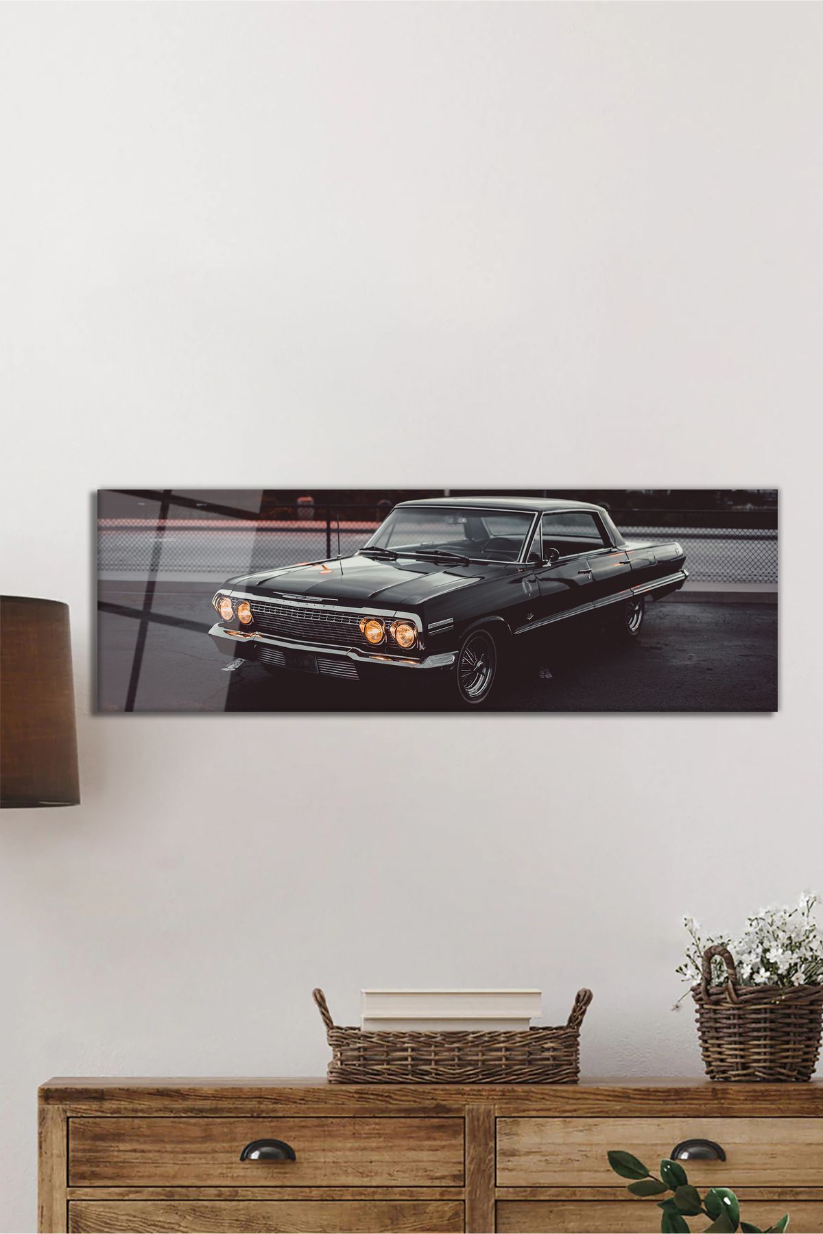 ArtNoia Retro Eski Siyah Otomobil Panorama Cam Tablo