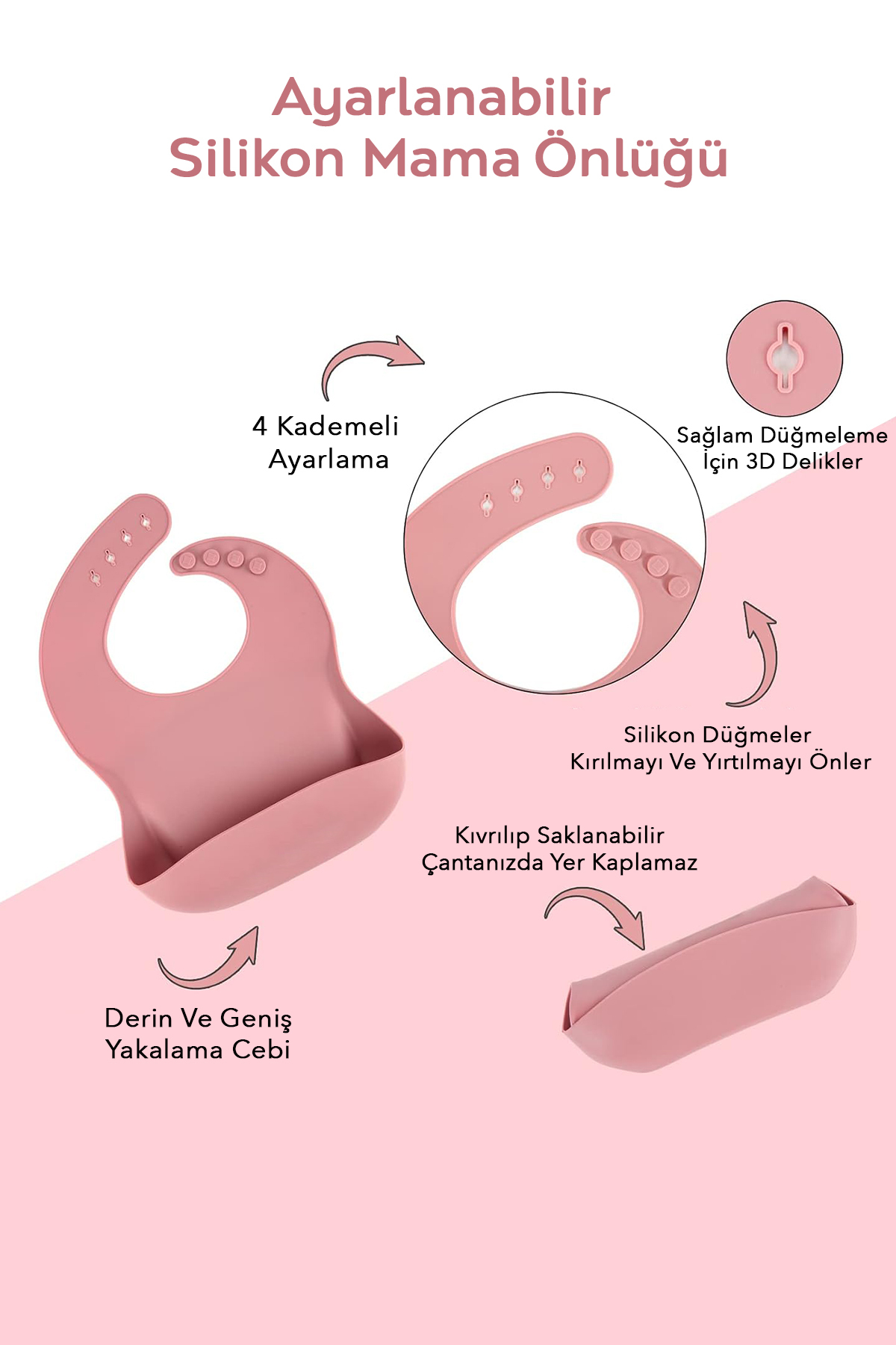 Meleni Baby 2'li Silikon Bebek Beslenme Seti - Vakumlu Tabak, Ayarlanabilir Silikon Mama Önlüğü, Pembe fotoğrafı 2 (önizleme)