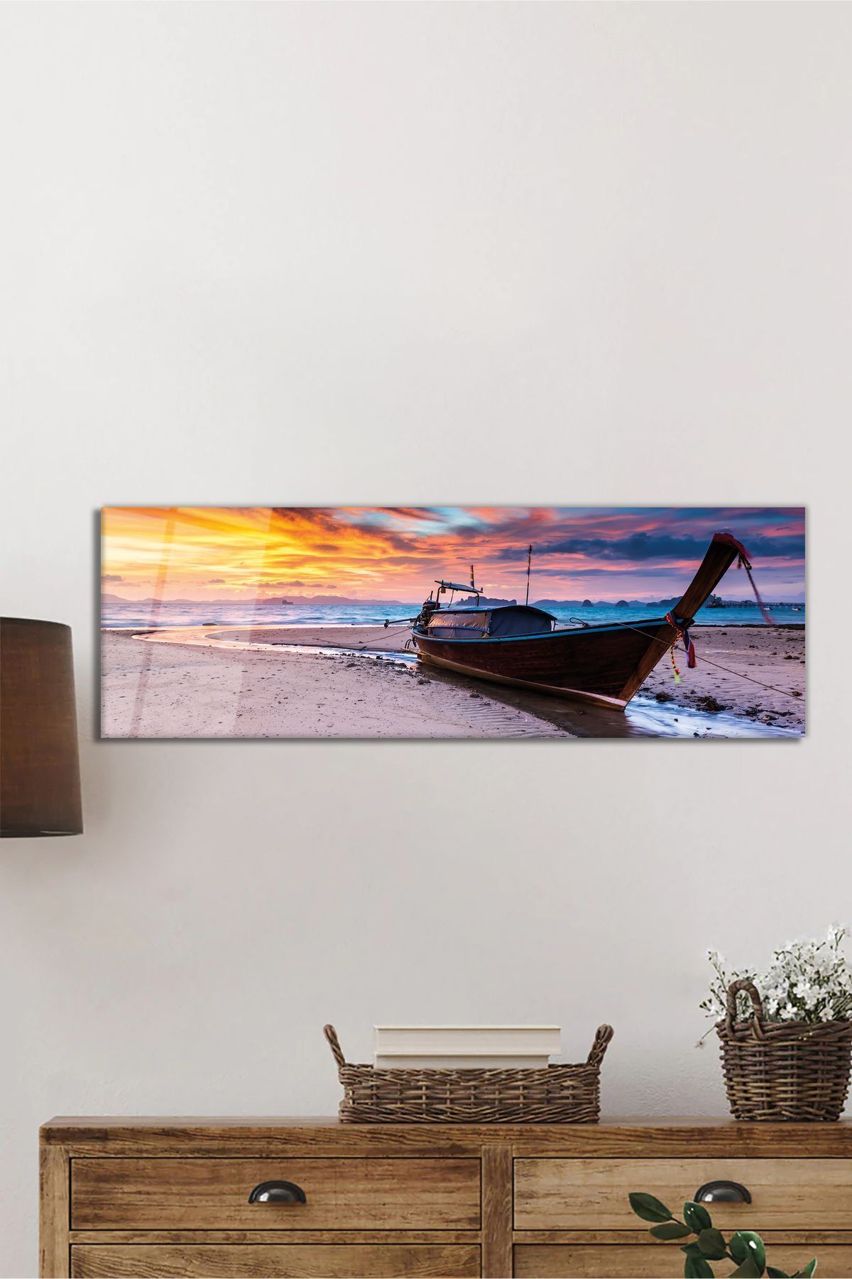 ArtNoia Tekne ve Rengarenk Gökyüzü Manzarası Panorama Cam Tablo