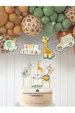 partince 3'lü Set Happy Birthday Safari Tema Pasta Süsü Banner Ve 6'lı Uzun G...