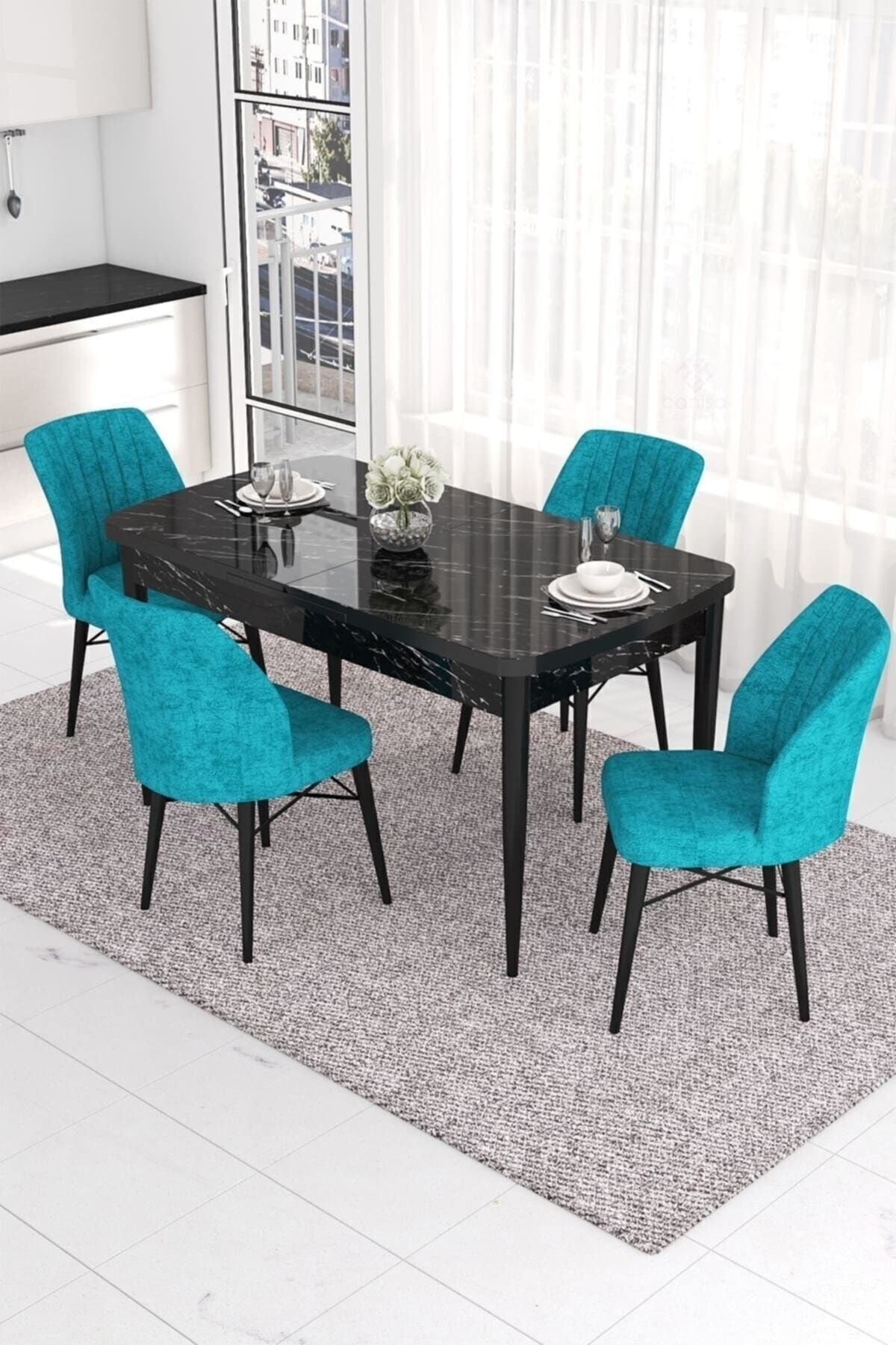 Canisa Concept Eva Serisi 80x132 Açılabilir Mdf Mutfak Masası Takımı Siyah Mermer Desen 4 Turkuaz Sandalye