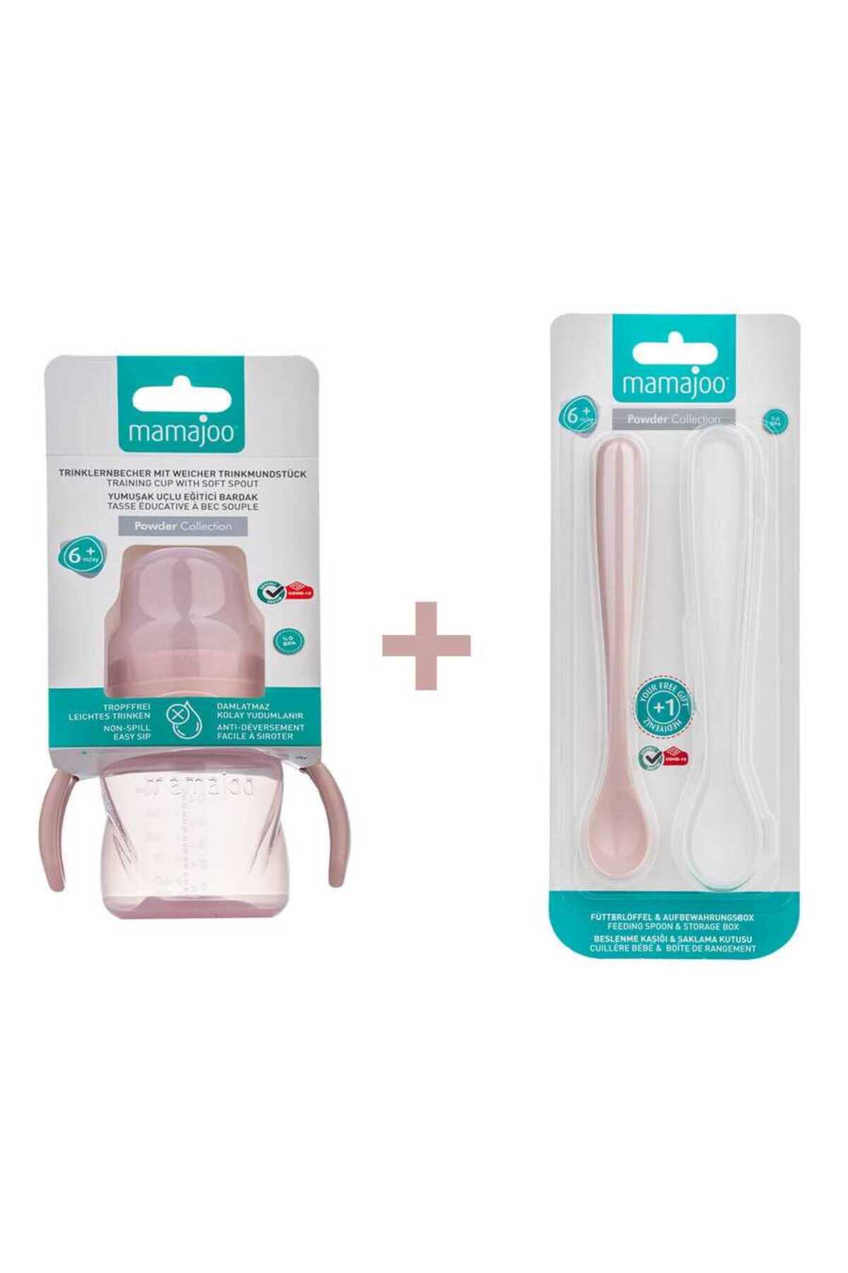 Mamajoo Antikolik Akıtmaz Alıştırma Bardağı 160 ml & İkili Ergonmik Beslenme Kaşığı - Powder Pink fotoğrafı 2 (önizleme)