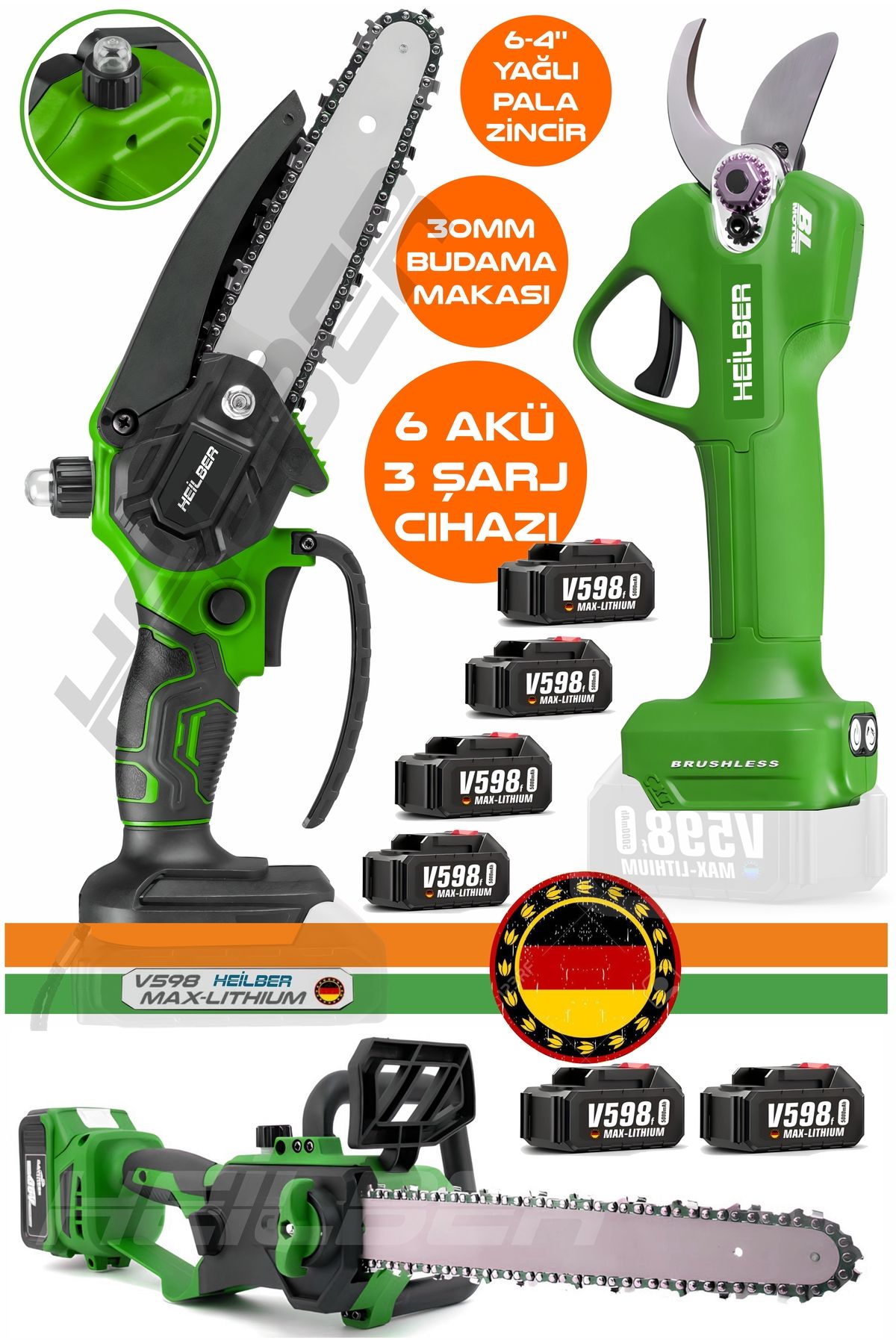 HEİLBER ALMAN 6 AKÜLÜ 10-15CM AKÜLÜ BUDAMA TESTERE + GREEN 30MM BUDAMA MAKASI + 30CM YAĞLI BUDAMA TESTERESİ