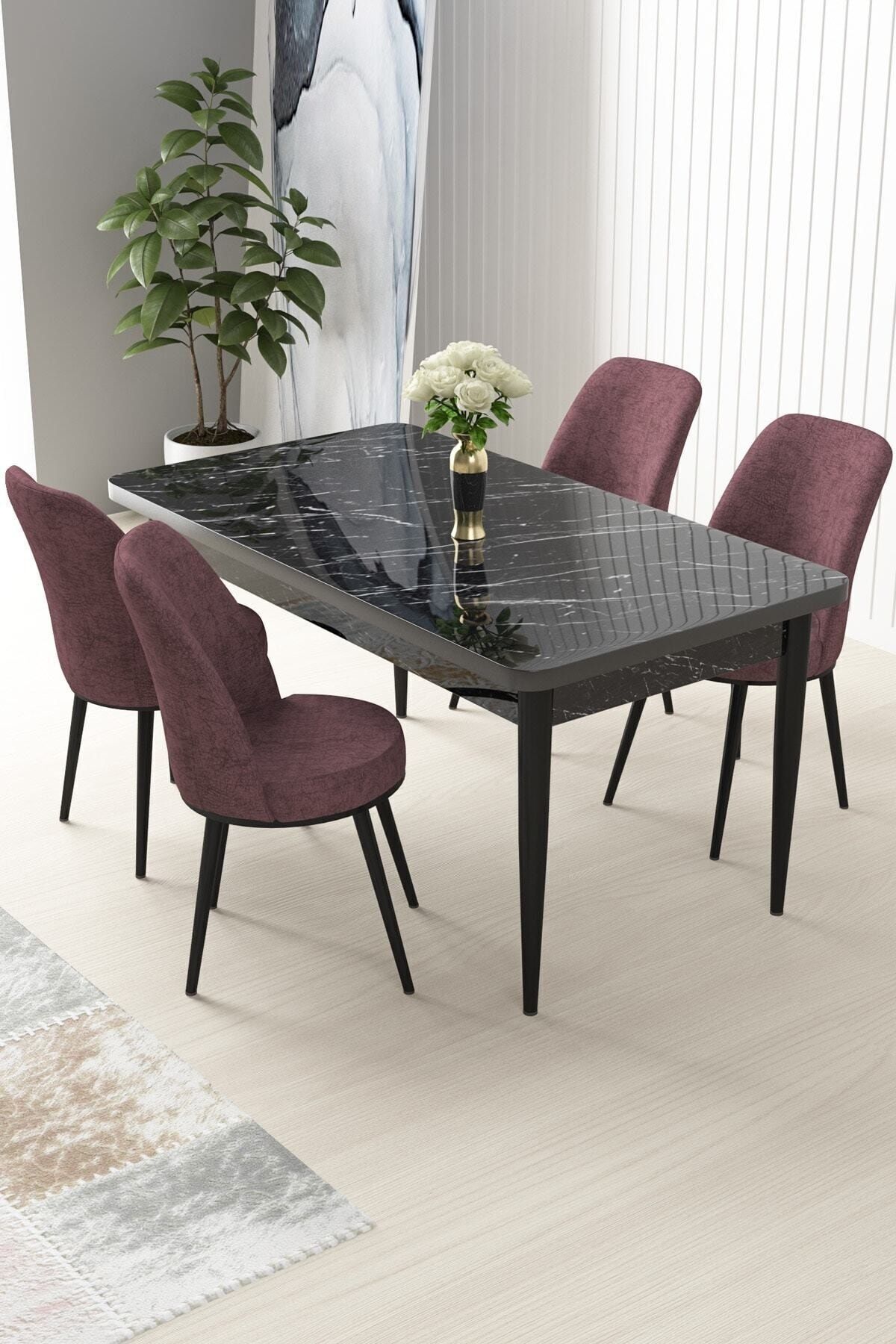 Canisa Concept Nil Serisi 70x110 Sabit Mutfak Masası Takımı Siyah Mermer Desen Masa 4 Gül Kurusu Sandalye