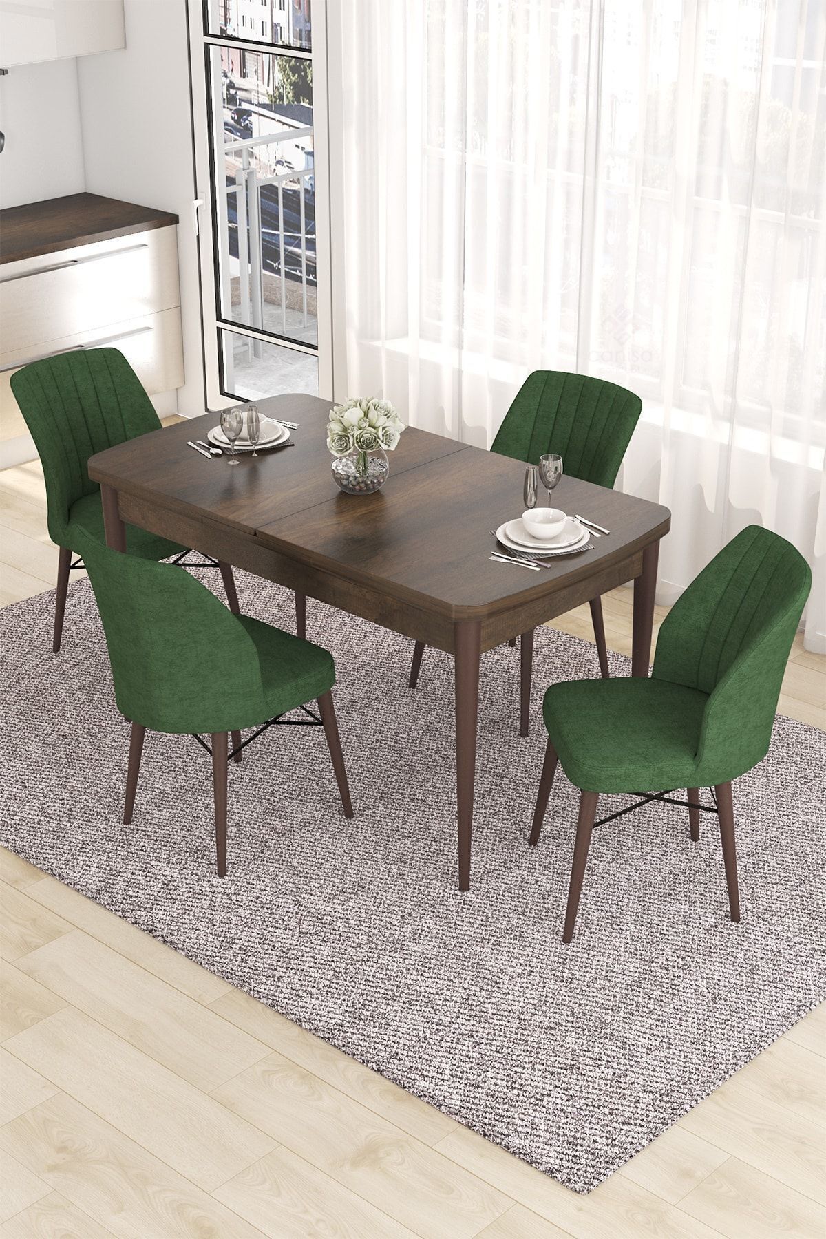 Canisa Concept Eva Serisi 80x132 Açılabilir MDF Mutfak Masası Takımı Barok Desen Masa 4 Haki Yeşil Sandalye