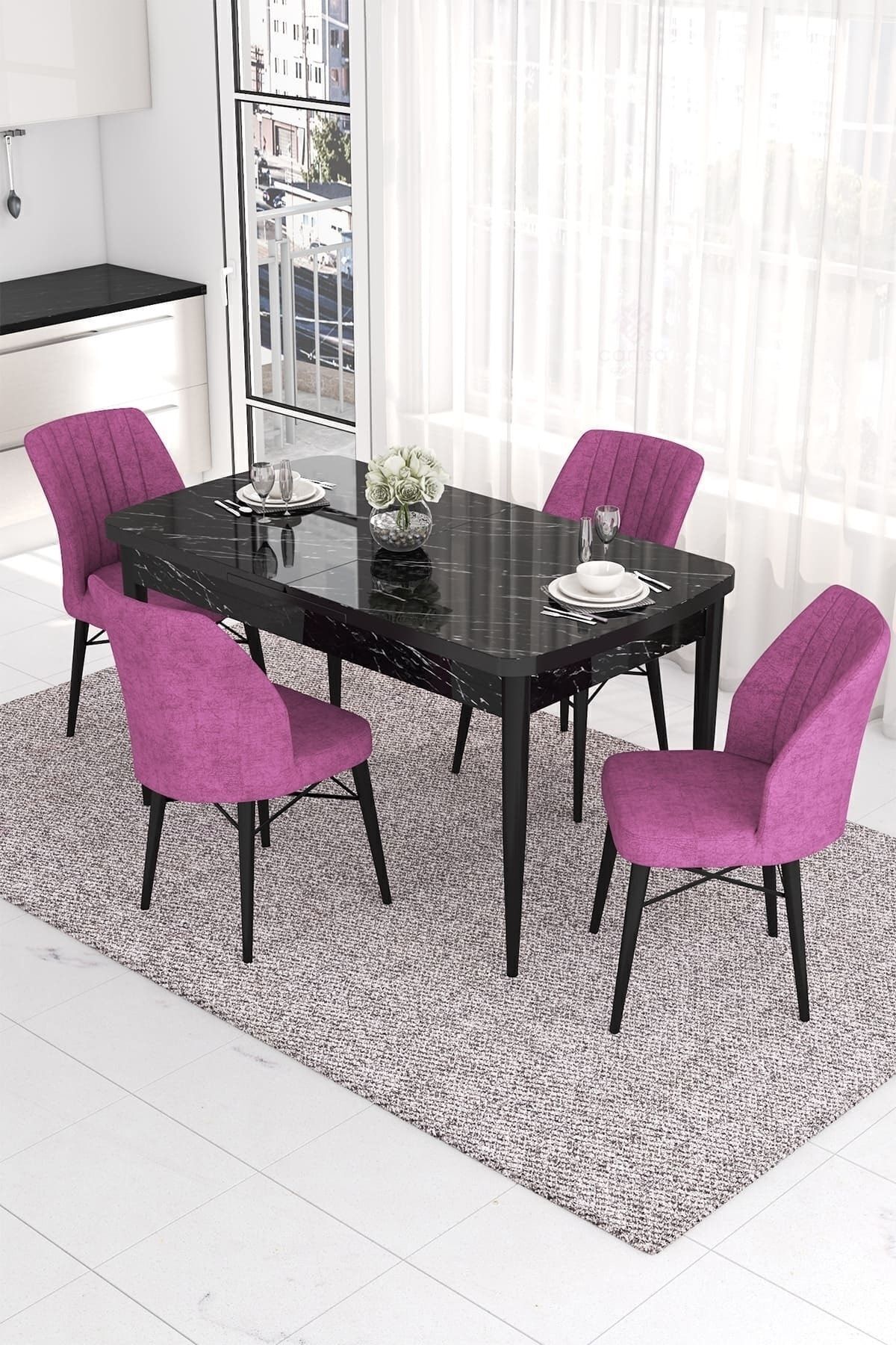 Canisa Concept Eva Serisi 80x132 Açılabilir Mdf Mutfak Masası Takımı Siyah Mermer Desen 4 Mor Sandalye