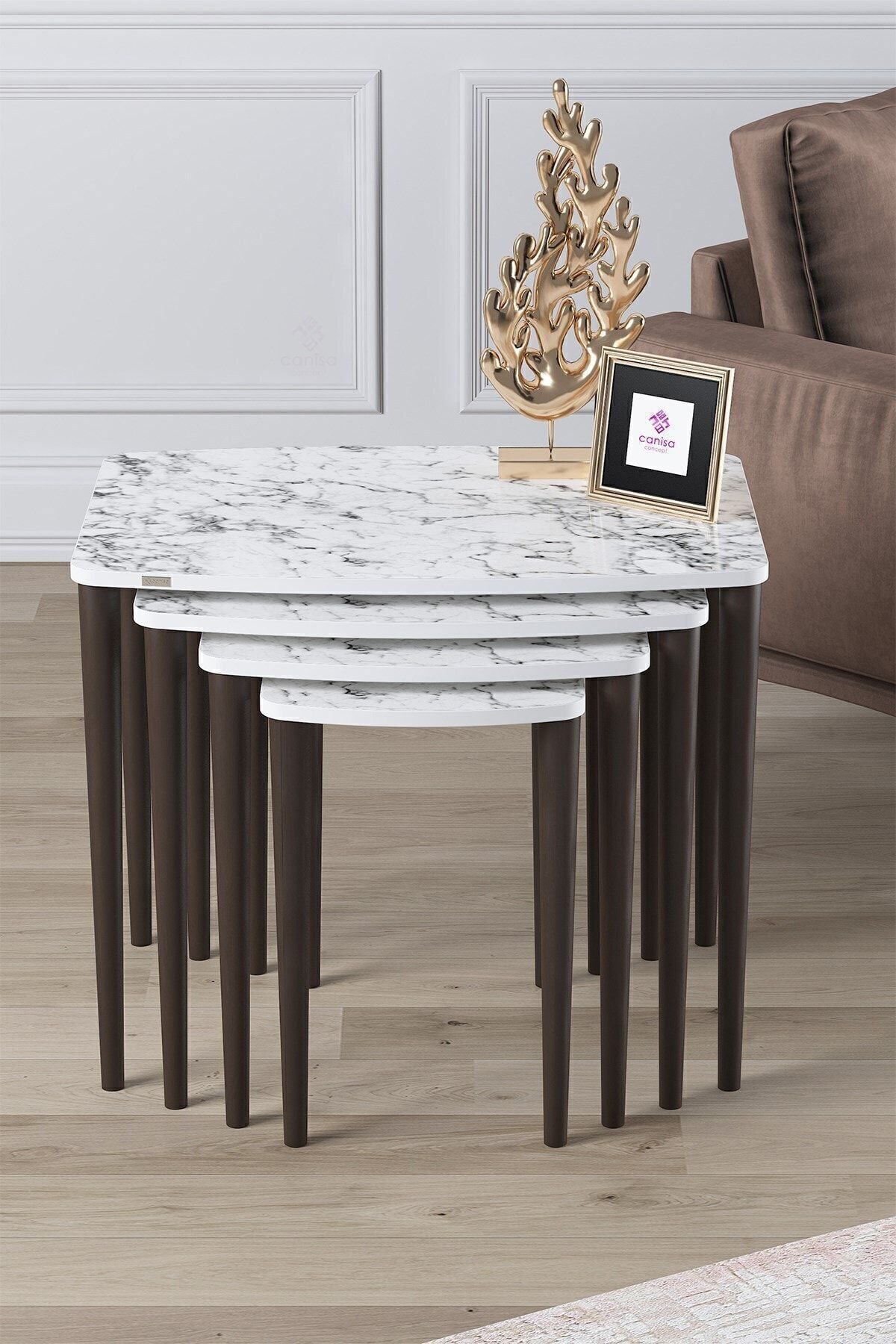 Telwe Series, 1st Class Mdf 4-Piece Zigon Coffee Table Set, White Marble Pattern, Walnut Hornbeam Foot