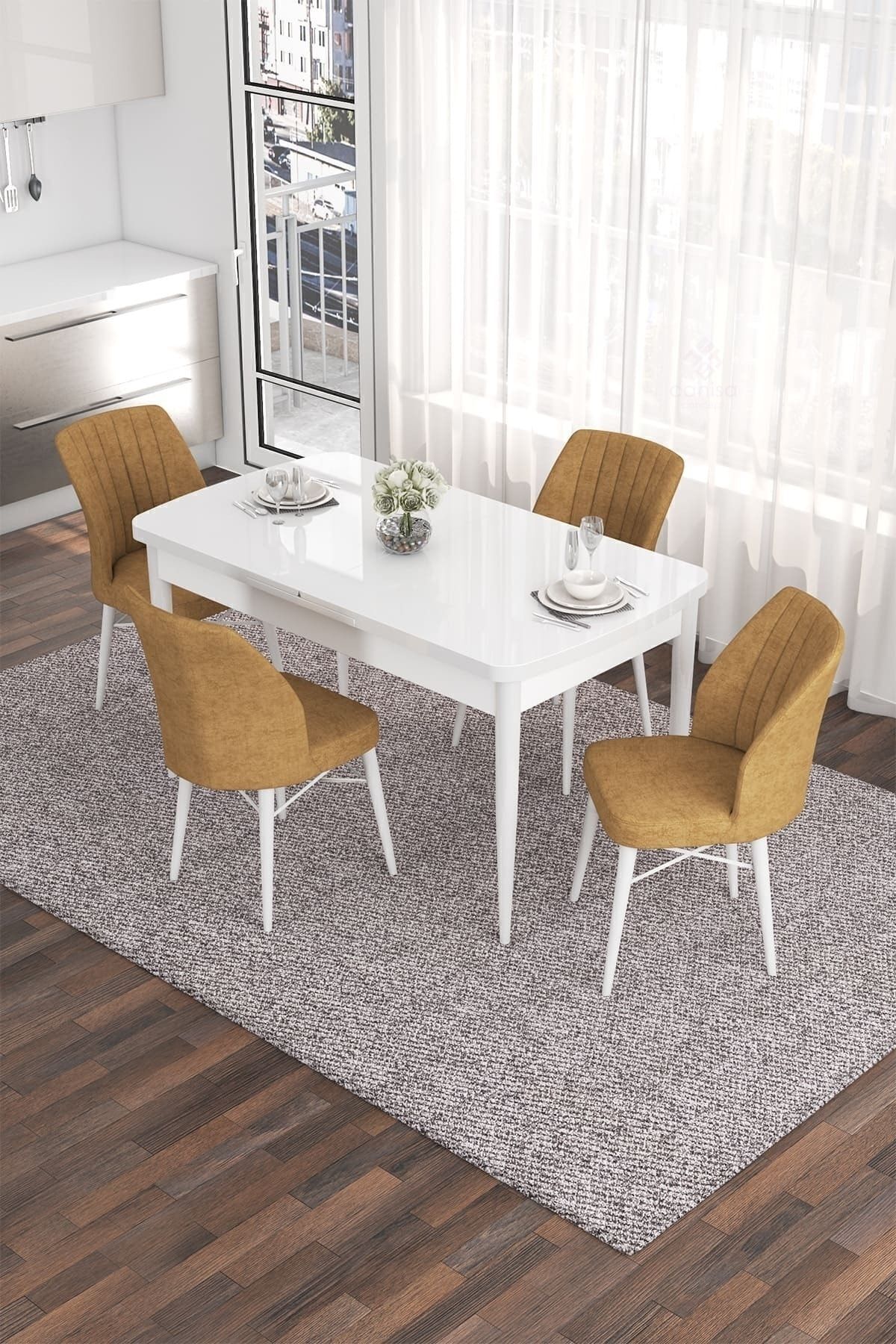 Canisa Concept Eva Serisi 80x132 Açılabilir Mdf Mutfak Masası Takımı Beyaz Masa 4 Cappucino Sandalye