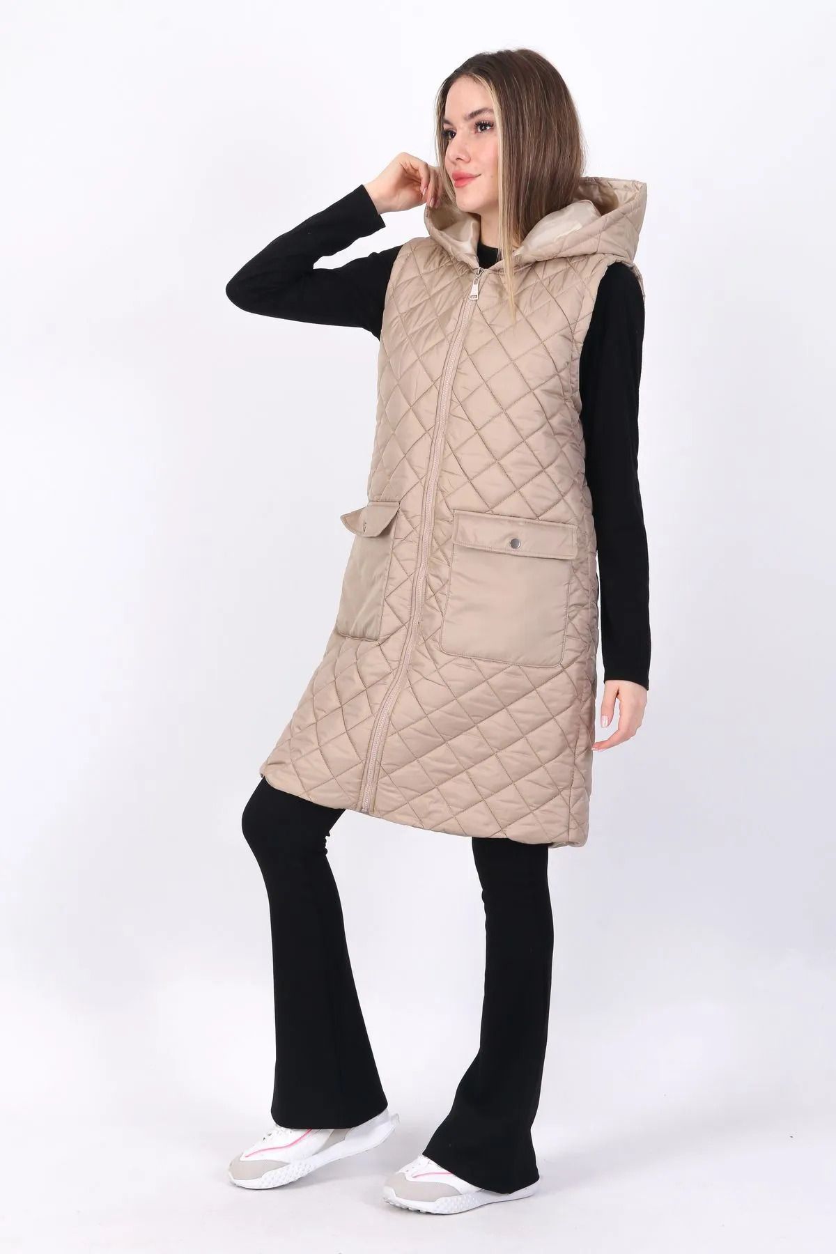 exxitcollection-Women's Zipper Detailed Long Quilted Hooded Vest 1