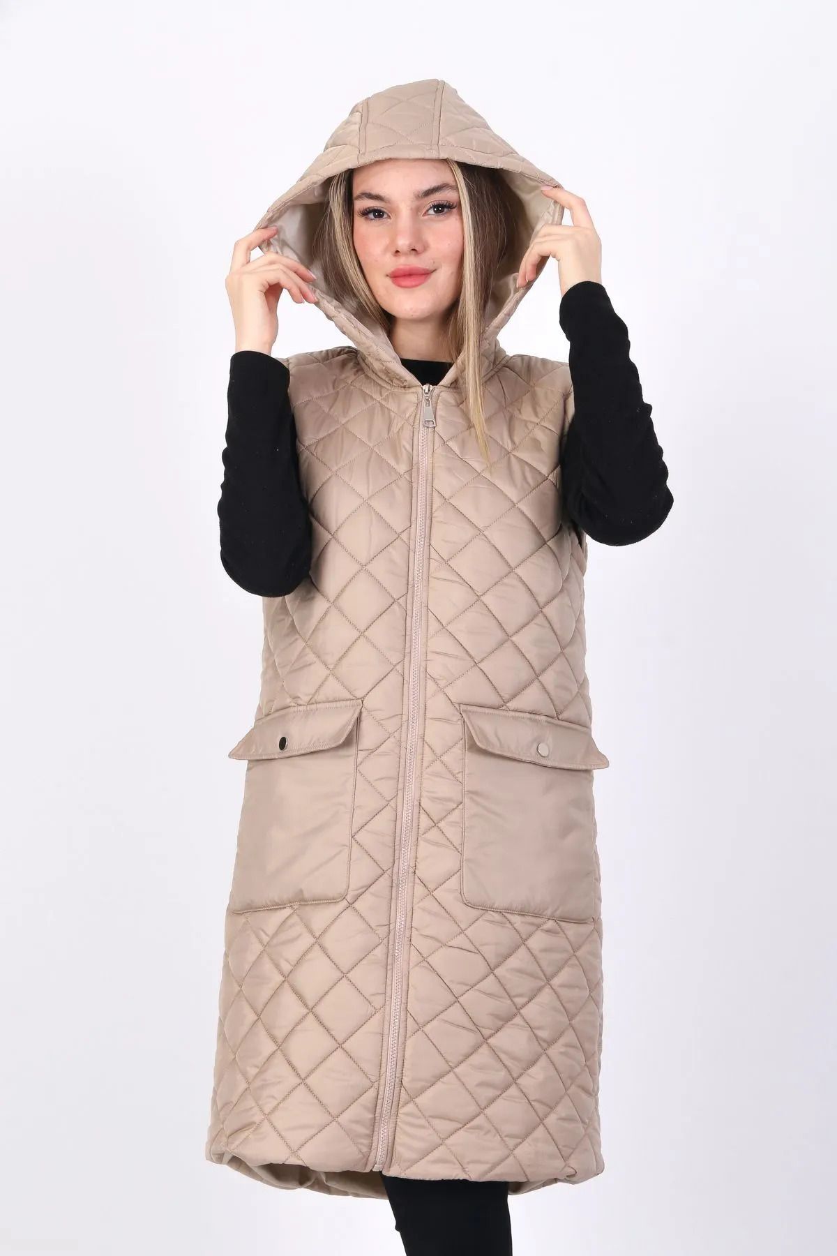 exxitcollection-Women's Zipper Detailed Long Quilted Hooded Vest 2