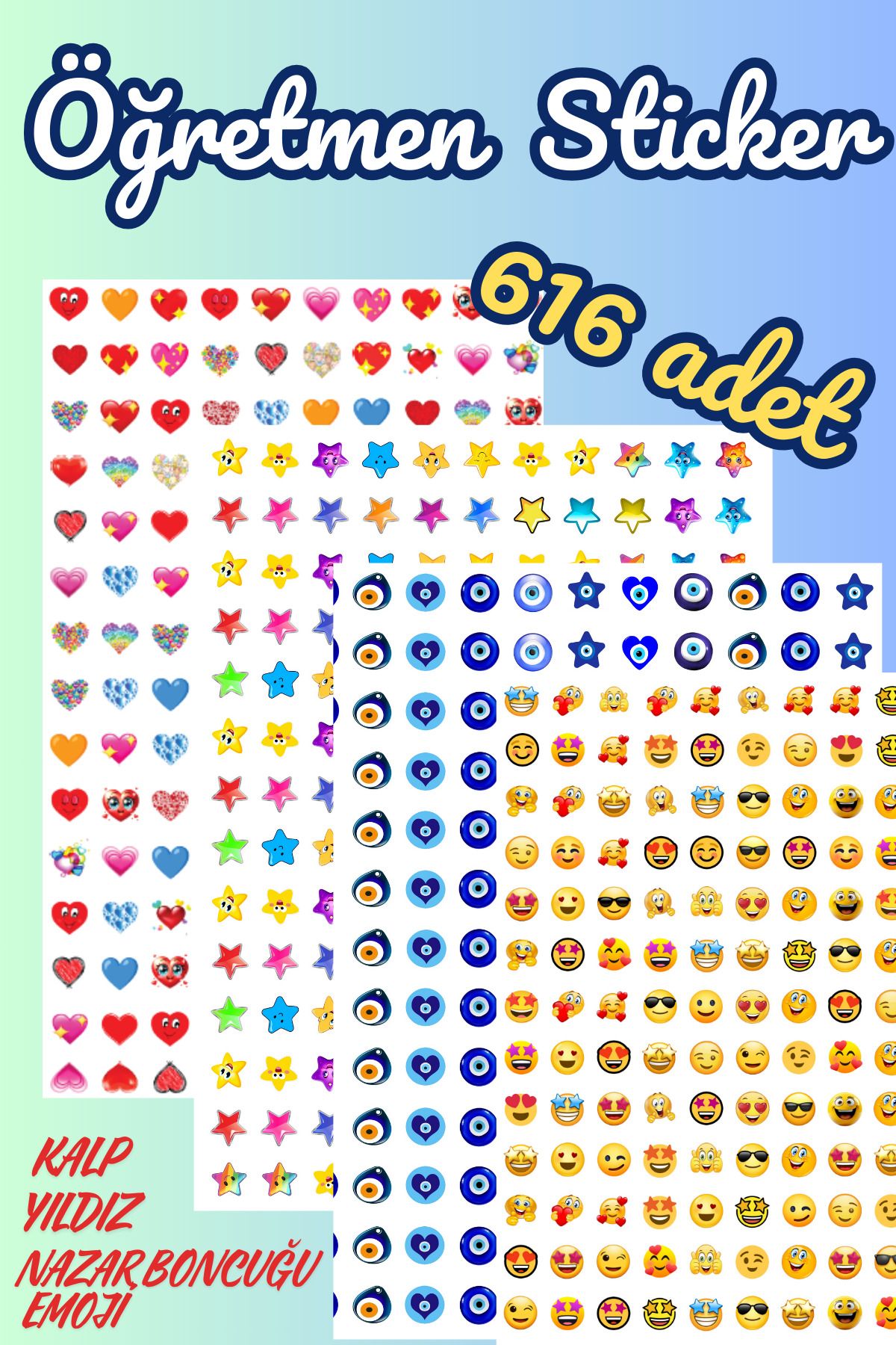 Öğretmen Okul Sticker Motivasyon Emoji Kalp Yıldız Nazar Boncuğu 616 Adet