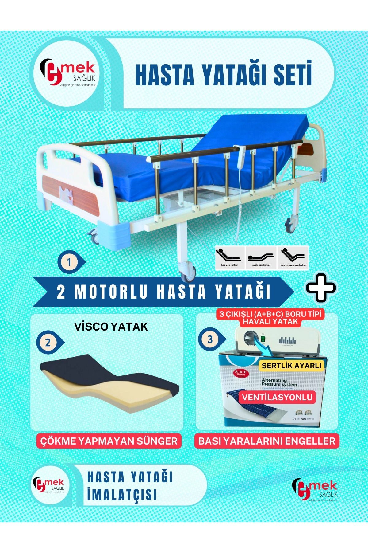 emek sağlık 2 Motorlu ABS Başlıklı Tabanca Korkuluklu Hasta Yatağı+Visco Yatak+3 Çıkışlı ABC Sistem Boru Tipi