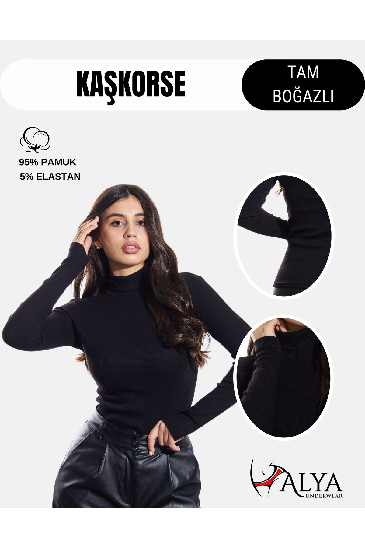 ALYA UNDERWEAR Kaşkorse Tam Boğazlı Body Sweatshirt, Fitilli Kumaş Bluz Likralı, Siyah Badi