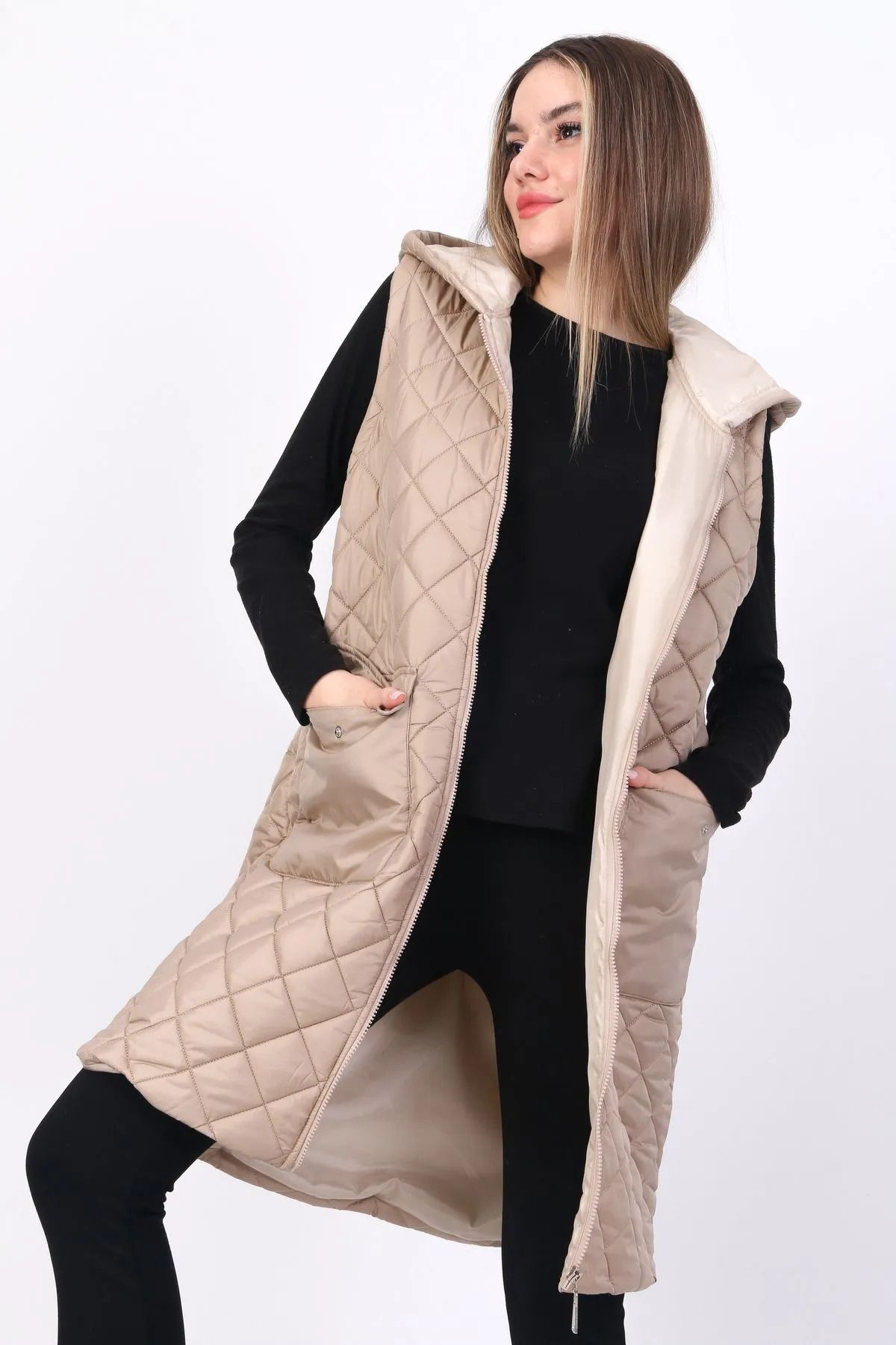 exxitcollection-Women's Zipper Detailed Long Quilted Hooded Vest 3