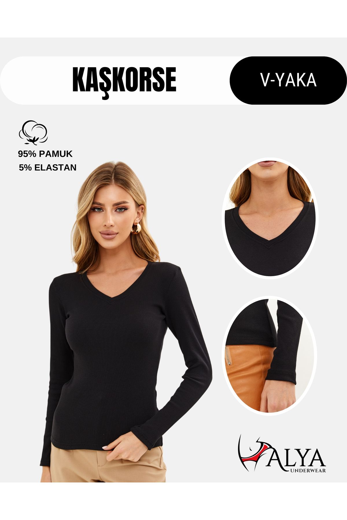 ALYA UNDERWEAR Pamuklu Kaşkorse V Yaka Body Sweatshirt, Fitilli Kumaş Likralı Bluz, Siyah Badi