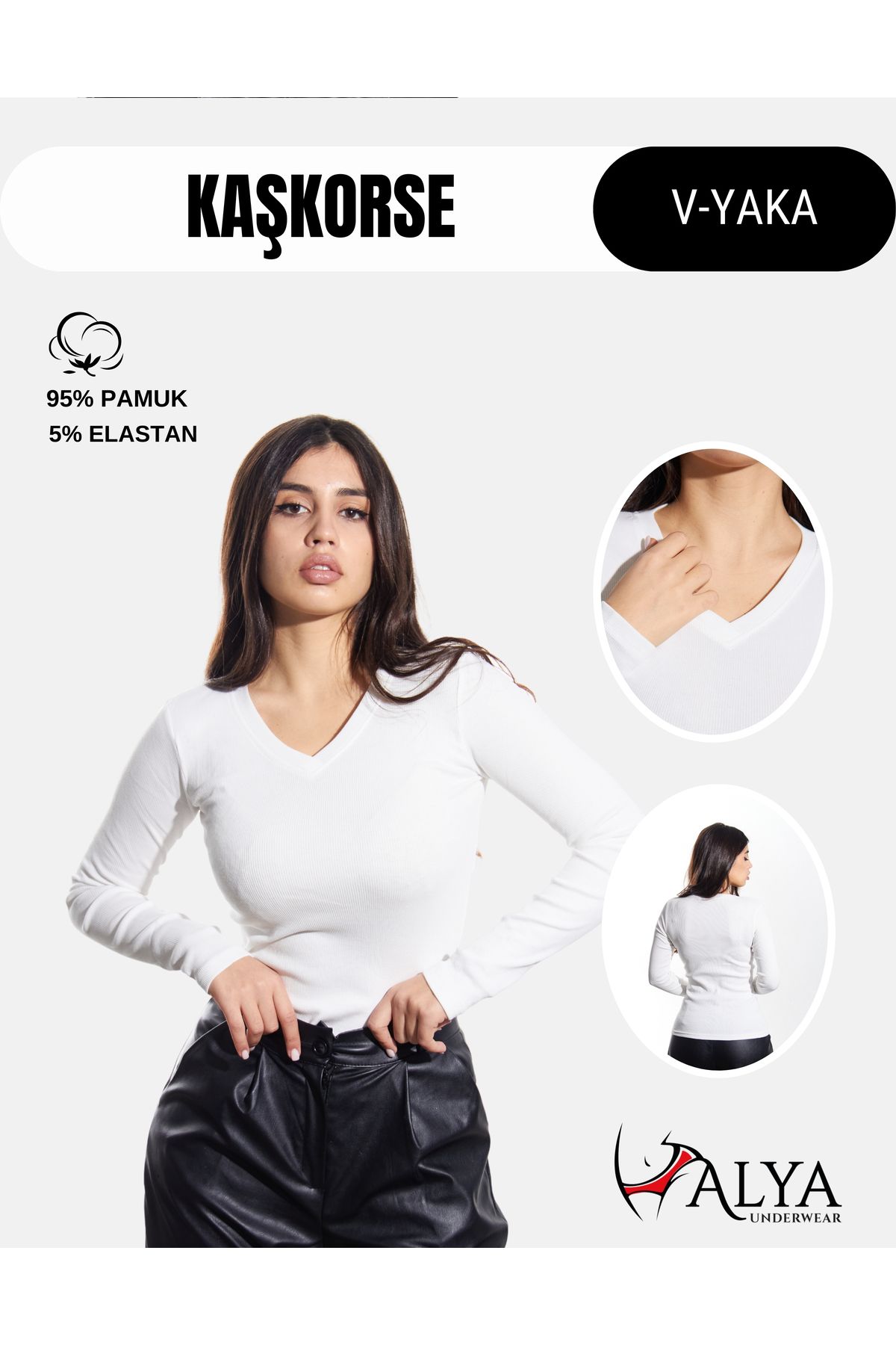 ALYA UNDERWEAR Pamuklu Kaşkorse V Yaka Body Sweatshirt, Fitilli Kumaş Likralı Bluz, Beyaz Badi