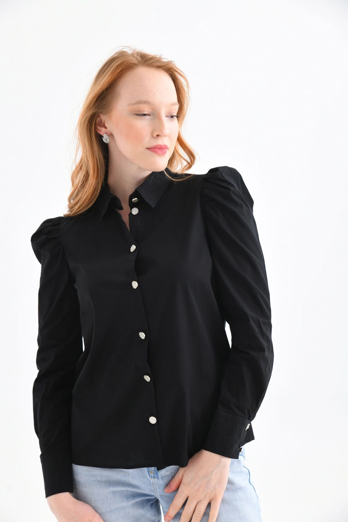 Park Karon-Black Jewelled Buttoned and Shoulder Detailed Lycra Women's Shirt 1