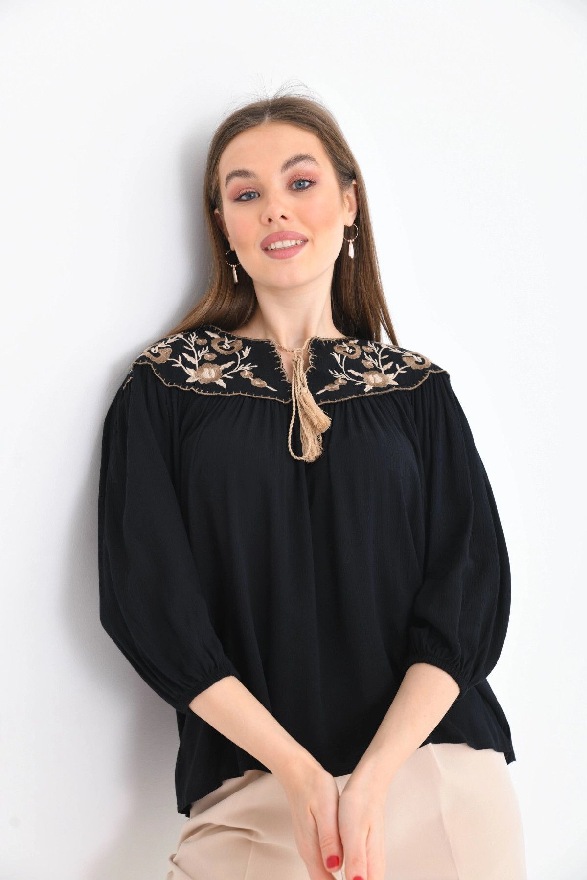 Park Karon-Embroidery Detailed Casual Women's Blouse - with Tie Detail 4