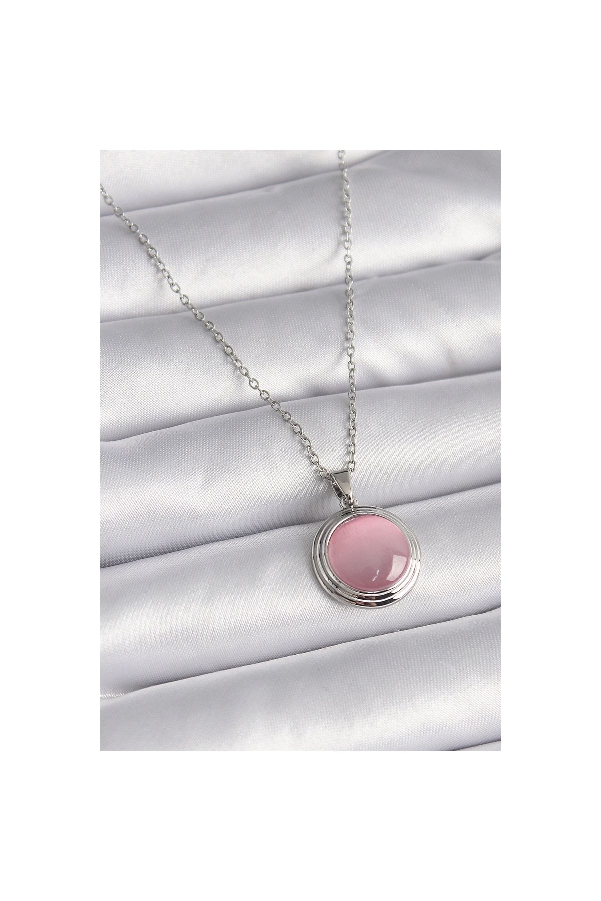 Narnuga 316L Çelik Gümüş Renk Daire Pembe Sedefli Model Kadın Kolye - TJ-BKO9425
