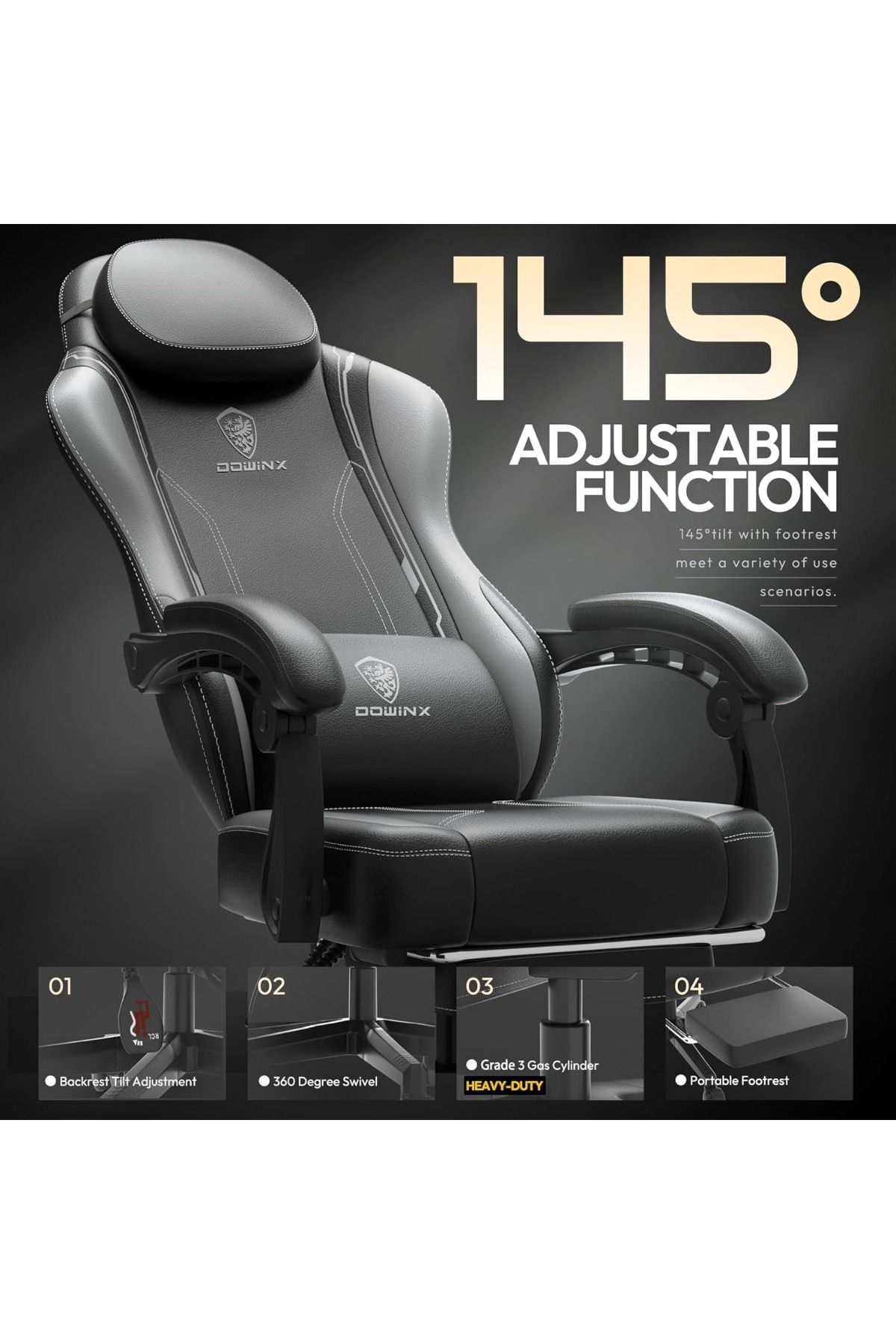 Mahmayi-Ergonomic Adjustable Gaming Chair with High Back Leather Ideal for Home and Office - Grey 7