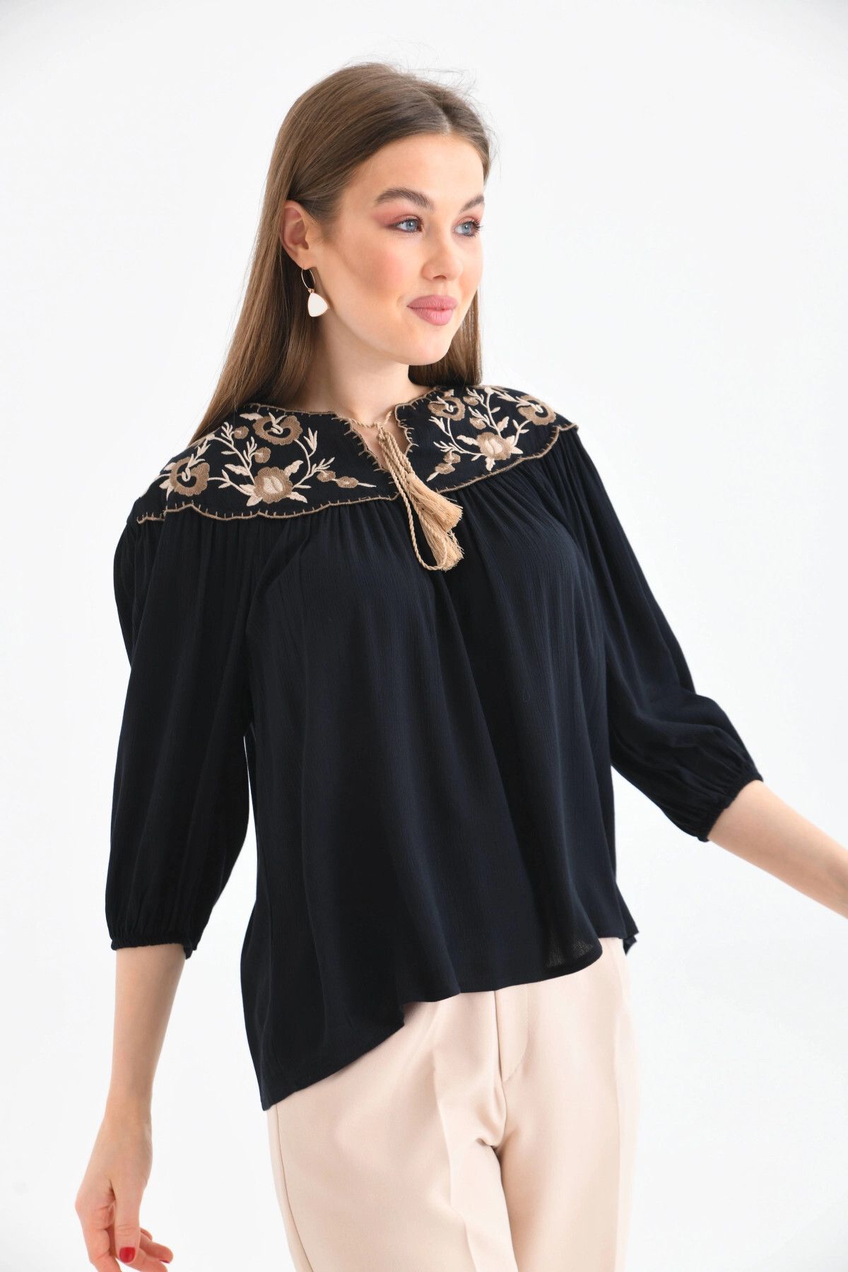 Park Karon-Embroidery Detailed Casual Women's Blouse - with Tie Detail 1