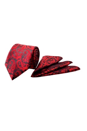 VENCHY Kırmızı Siyah Şal Desen Mendilli Kravat 2120-5MK