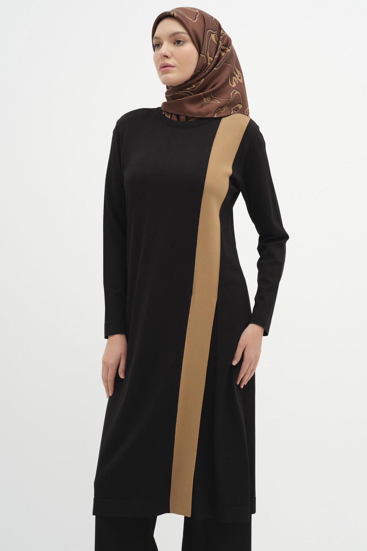 ست شلوار بافتنی تونیک چاک‌دار تزیین‌شده - مشکی Tuğba