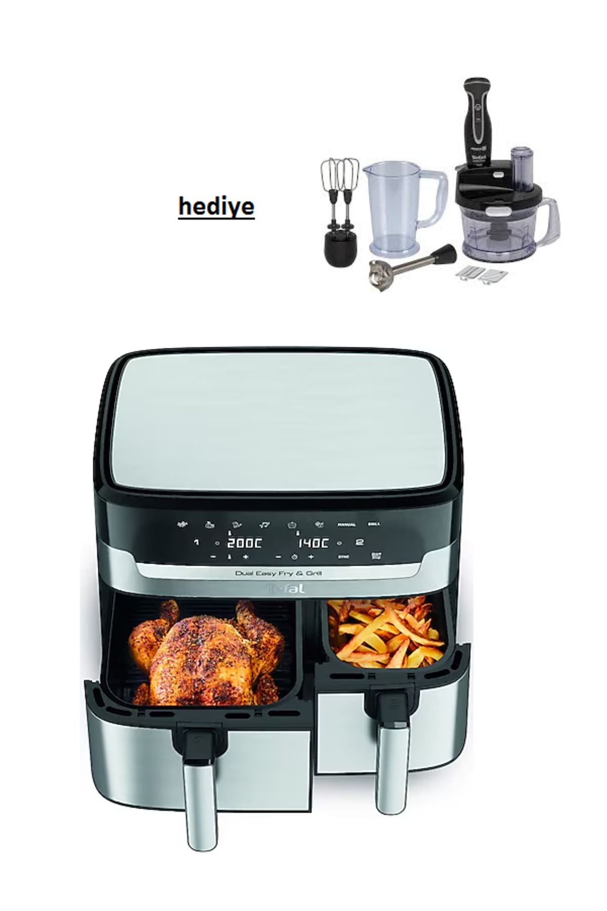 TEFAL Çift Hazneli Easy Fry & Grill Dual Yağsız 8.3 Litre 2700W Fritöz ve Tefal 1000W Hazneli Robot