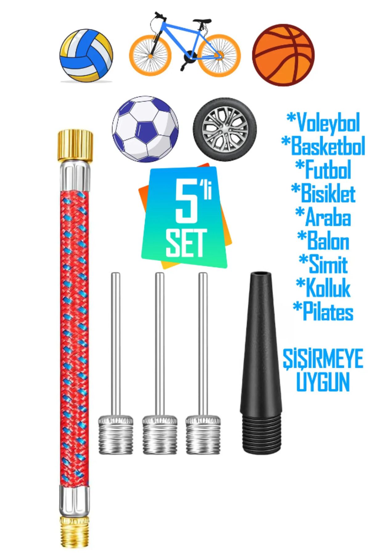 ByKurt 5'li SET Top Şişirme İğnesi Seti Voleybol Basketbol Futbol Bisiklet Pilates Şişirme Seti